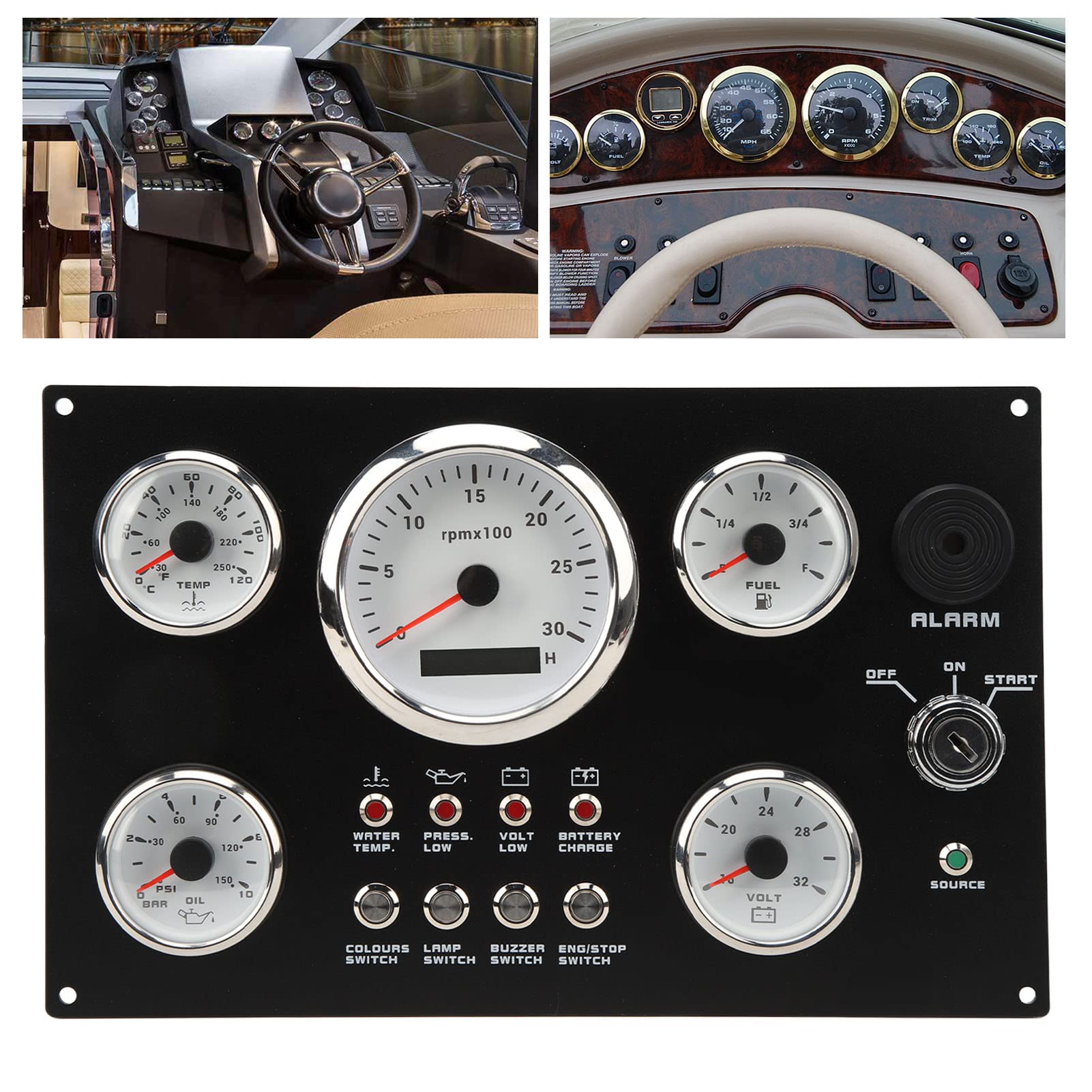 Aramox Boots-Instrumententafel, 24 V, 7 Farben, Hintergrundbeleuchtung, 5-Gauge-Instrumententafel, 85 Mm, 3000 U/min, Maximale Öldruck-Spannungsanzeige für Marineboote, Yachten