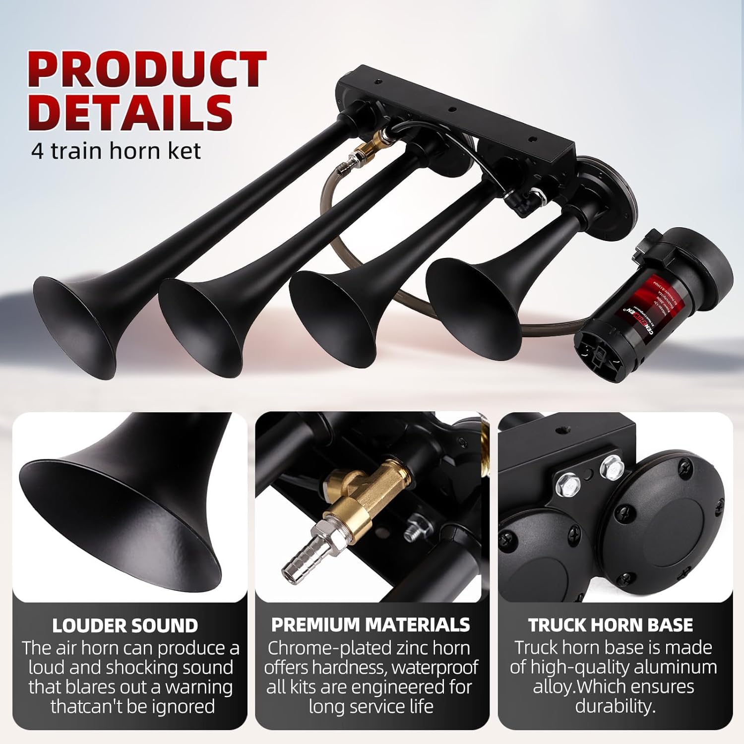 Train Horn for truck Kit-4 Trumpet Metal Air Horns replacement Drill horn 12V 150dB Ultra Loud with Compressor for pickup/motorhome/SUV/truck/train (black 4 Trumpet with button)