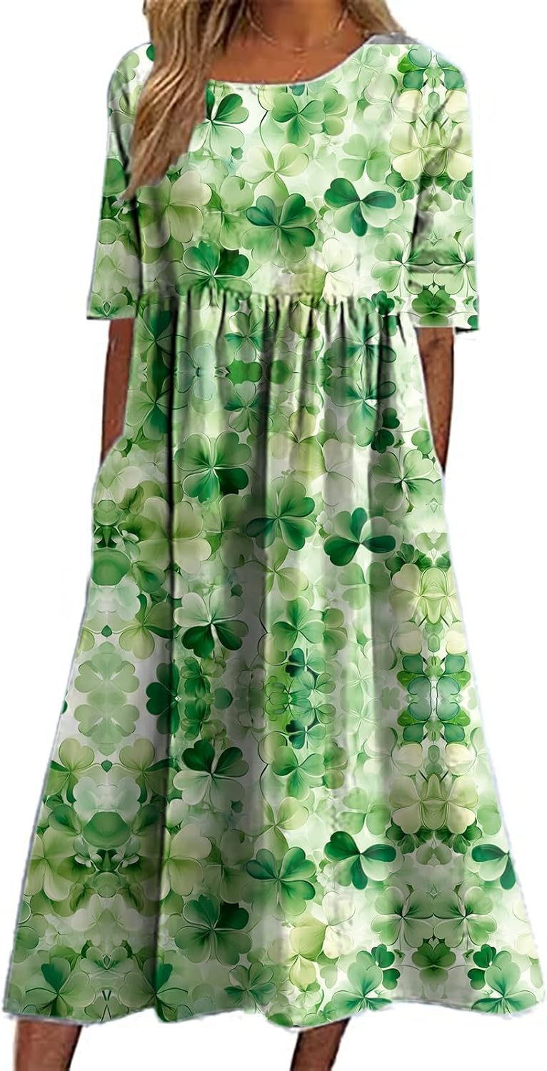 Green Floral Dress for St Patricks Day Shamrock Print Crewneck Short Sleeve Casual High Waist Maxi Dress for Women