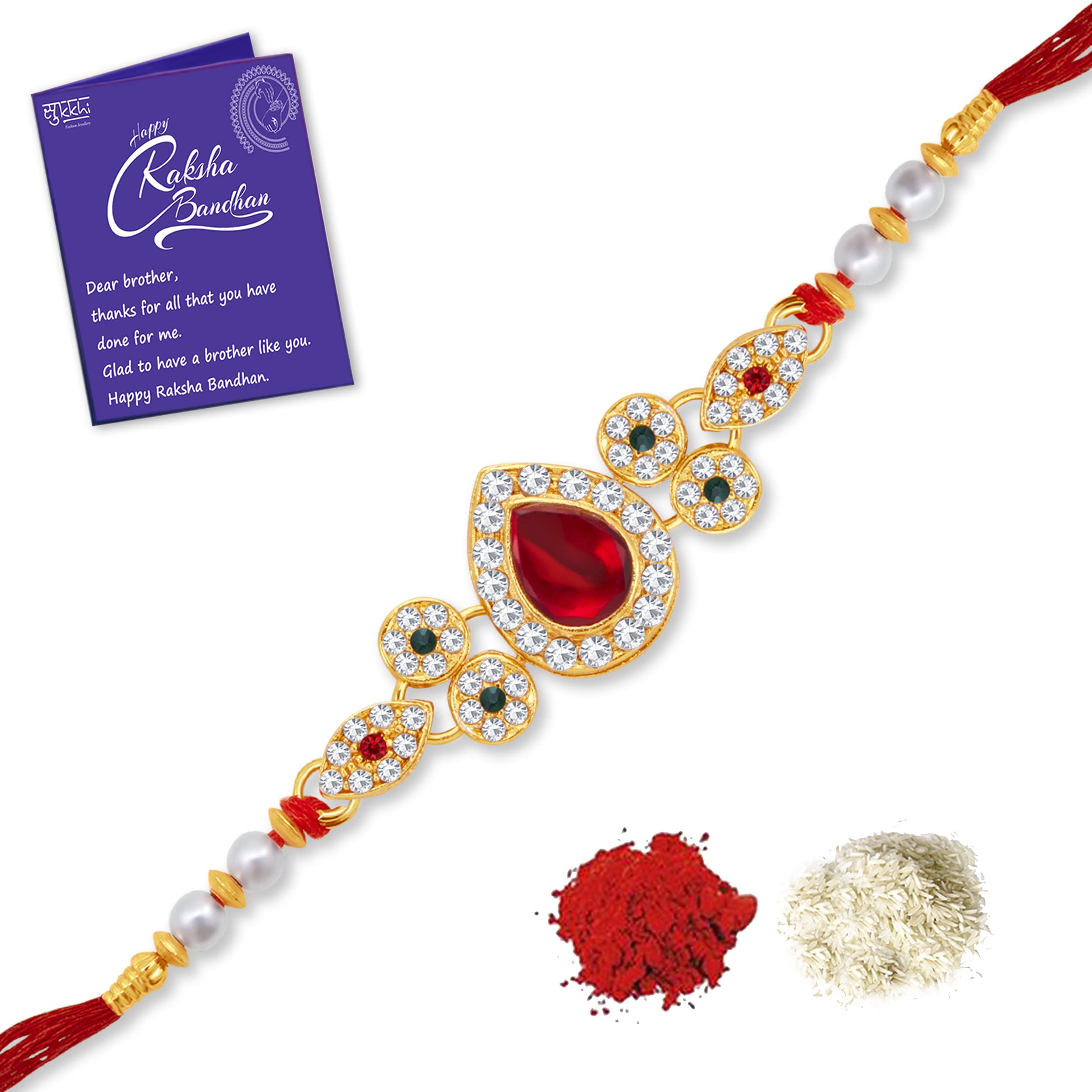 Sukkhi Rakhi Graceful Kundan Designer Gold Plated Premium Rakhi for Brother With Roli Chawal & Greeting Card | Rakhi for Bhaiya | Rakhi for MEN | Kundan Rakhi | (RAK104488) (B0B63BDQXT) Amazon Price History, Amazon Price Tracker