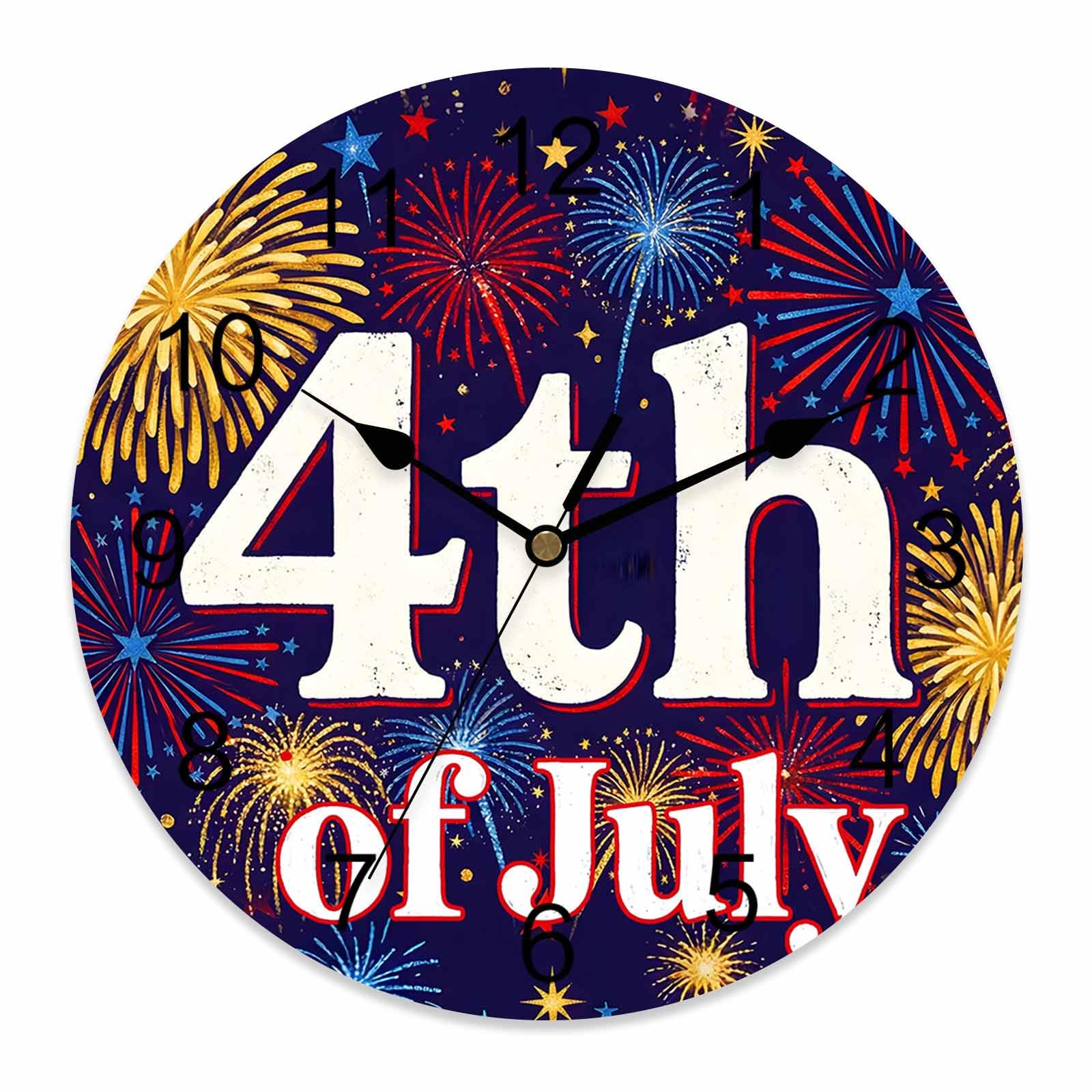 Ensound 4th of July Wall Clock Patriotic Star Fireworks Clocks Wooden Silent Non-Ticking Battery Operated Decorative July 4th Red White Blue Round Clock for Home Living Room Kitchen Bedroom 12 Inch
