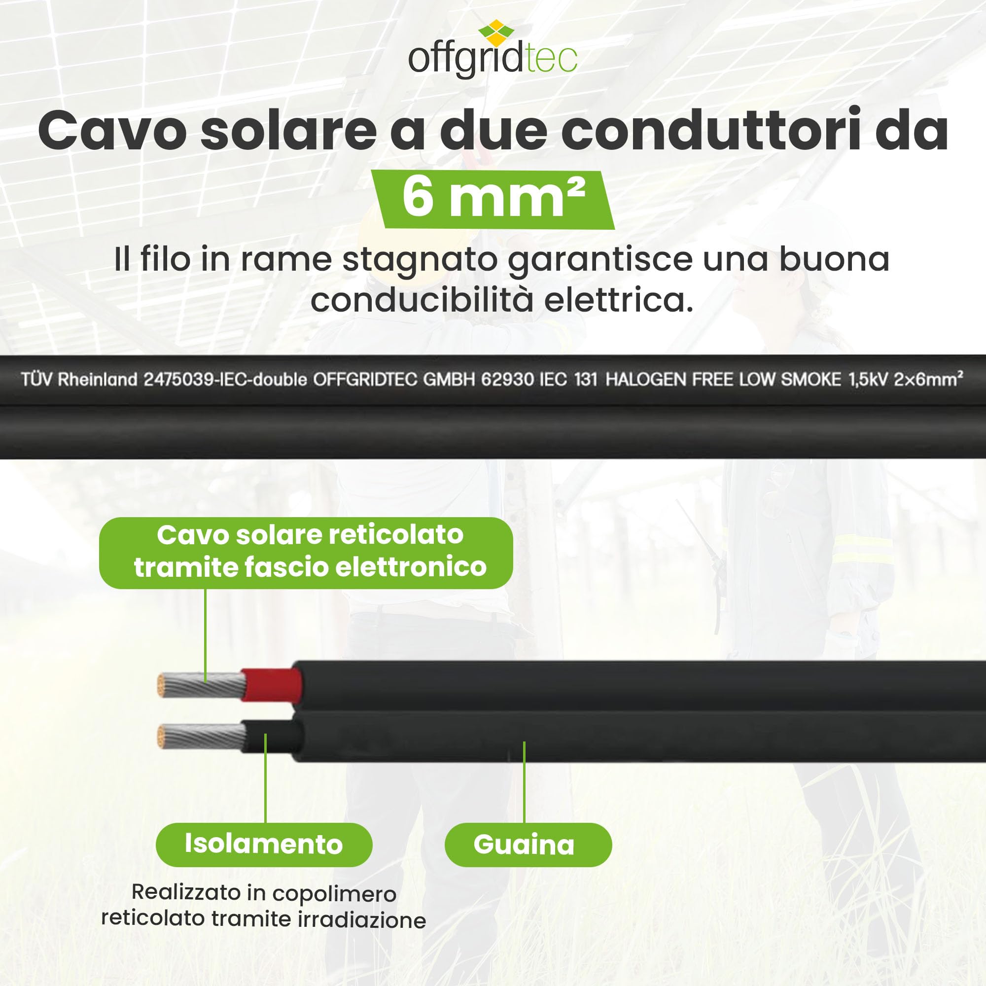 Offgridtec Cavo solare 2x6mm², cavo PV bipolare per impianti fotovoltaici, design flessibile e separabile, rame stagnato con isolamento XLPO, resistente a calore e intemperie, DC, 20 m