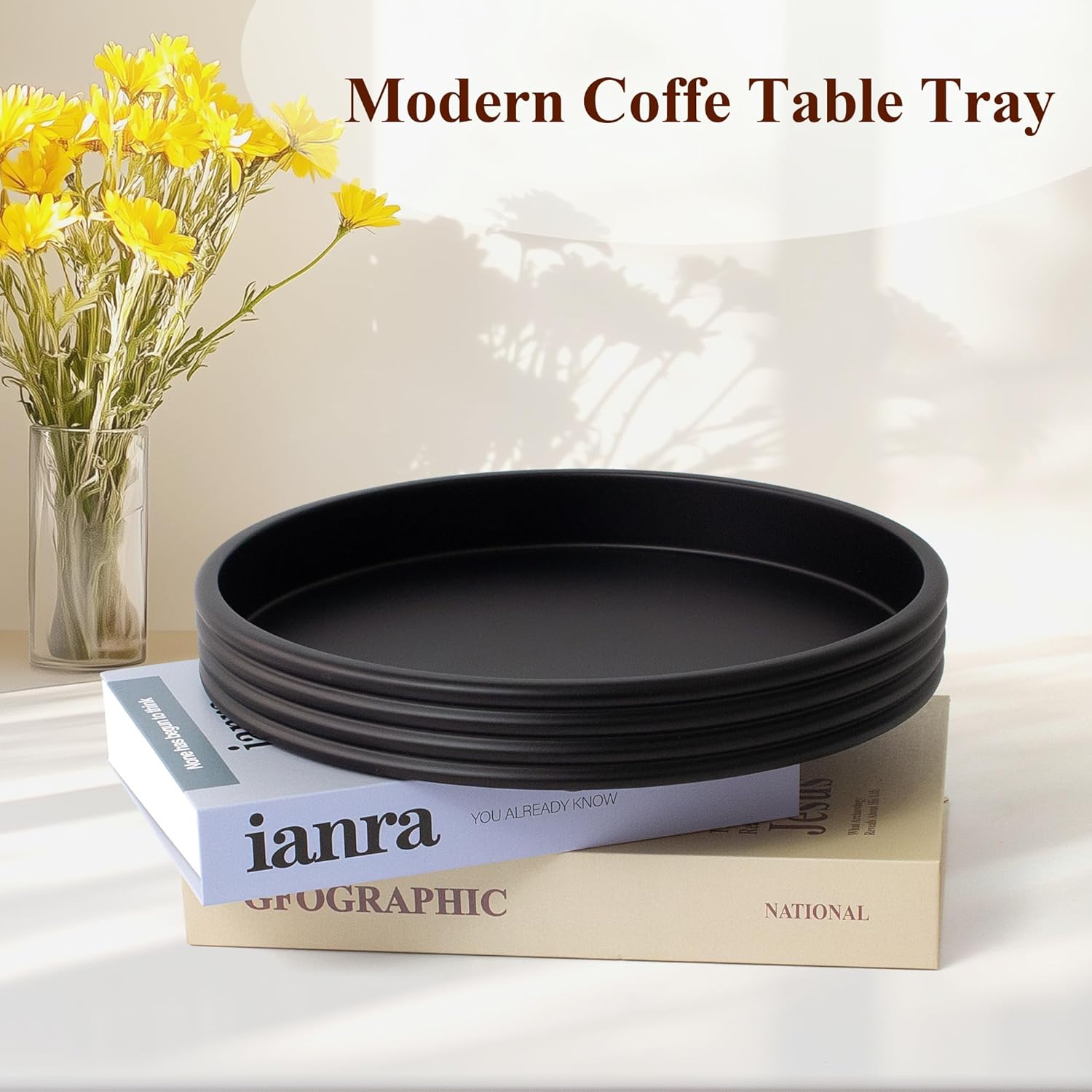 YMXYJM Round Decorative Tray - Modern Coffee Table Tray Decor, Resin Home Decor for Living Room & Bedroom. Multi-Functional Coffee Table Centerpiece with Anti-Slip Pads - 11x1.5 Inch Key Trays - Black