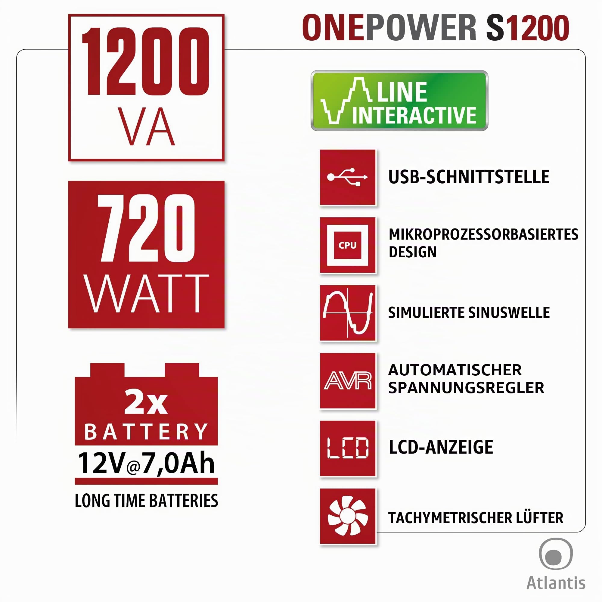 Atlantis OnePower 1200, USV Line Interactive 1200VA/700W, AVR, PseudoSinuswelle, 3 IEC-Steckdosen + 2 Schuko-Steckdosen, 2 Batterien 12 V 7 Ah