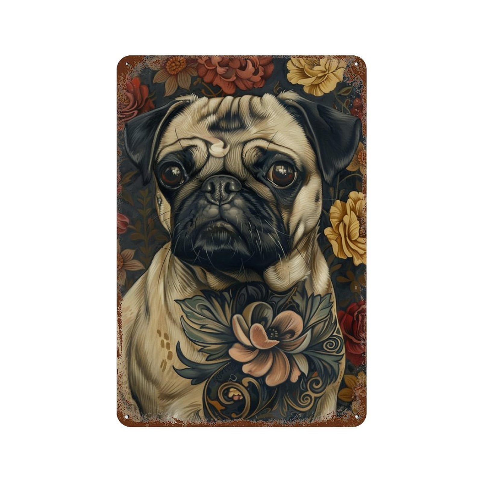 Floral Pug with Tattoo 11.8"x7.9" Rustic Tin Plaque, Retro Wall Decor for Garage, Bar And Workshop Decor