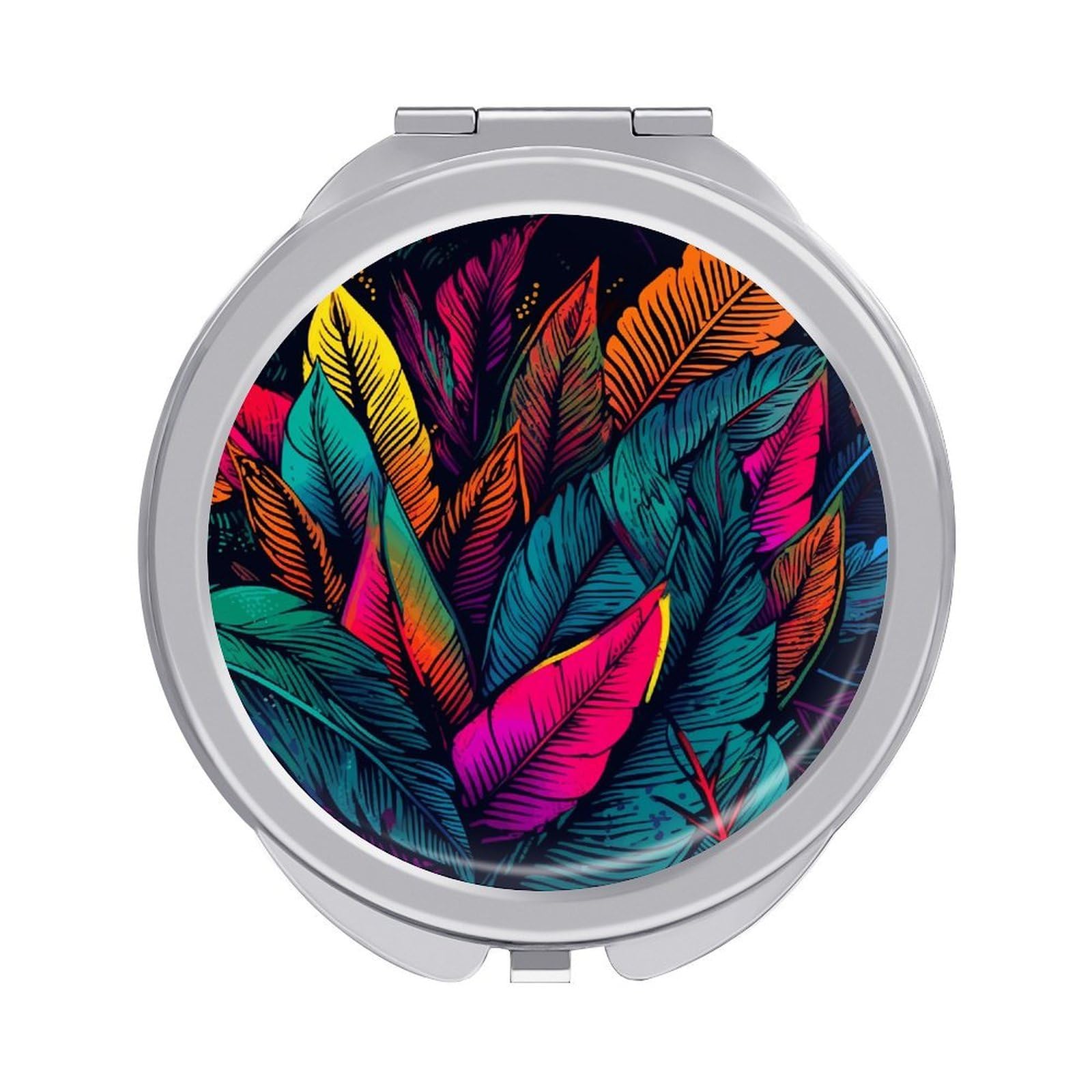 VstaDank Colorful Tropical Leaves Pattern Travel Makeup Mirror Cute Compact Mirror for Women 1X/2X Magnifying Metal Pocket Makeup Mirrors Folding Round Makeup Mirrors for Handbag Wallet & Gift