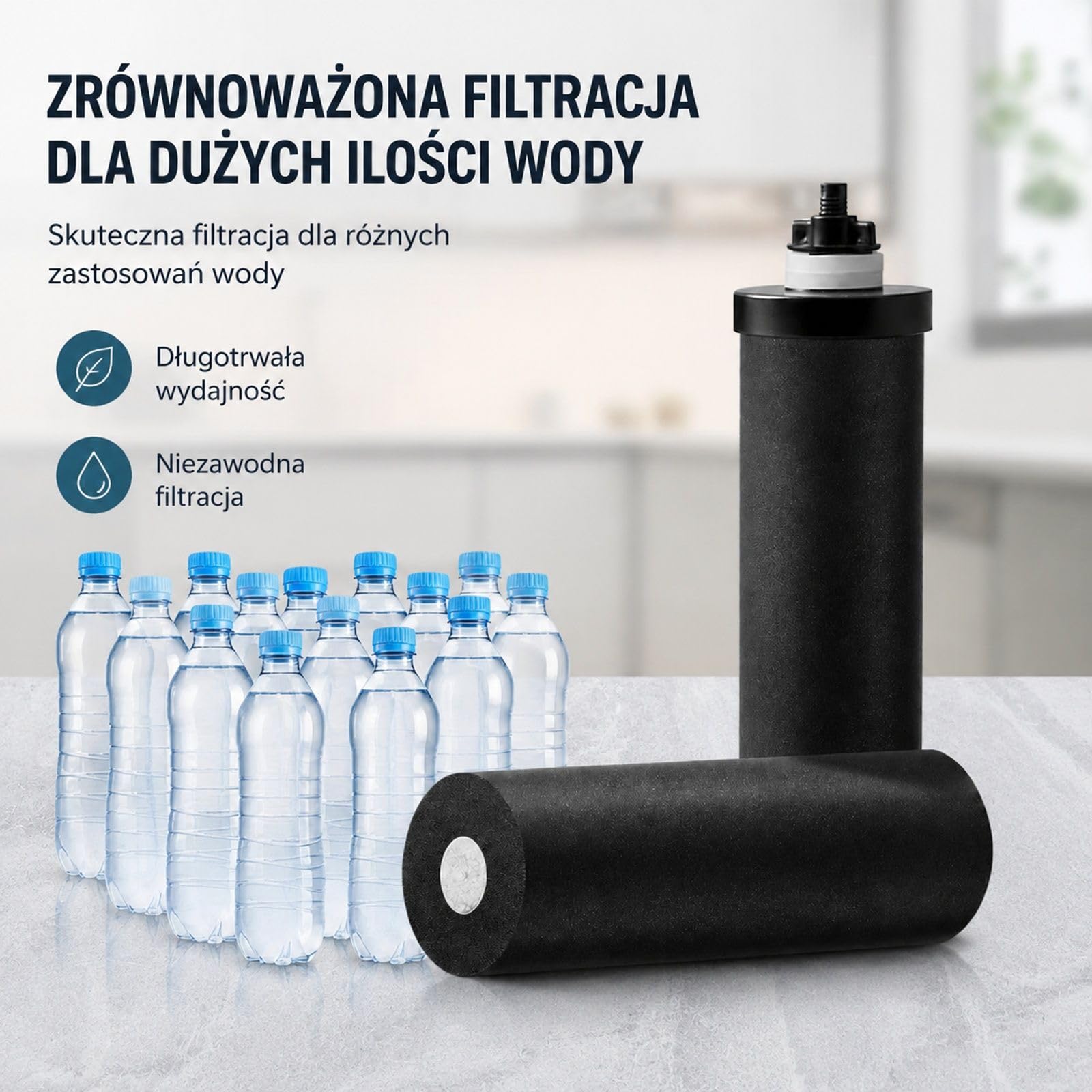 Grawitacyjny system filtracji wody, stal nierdzewna, model blatowy, górna komora 7 l, dolny zbiornik 8,5 l, 2 wkłady węglowe, kranik, kemping, kamper, dom
