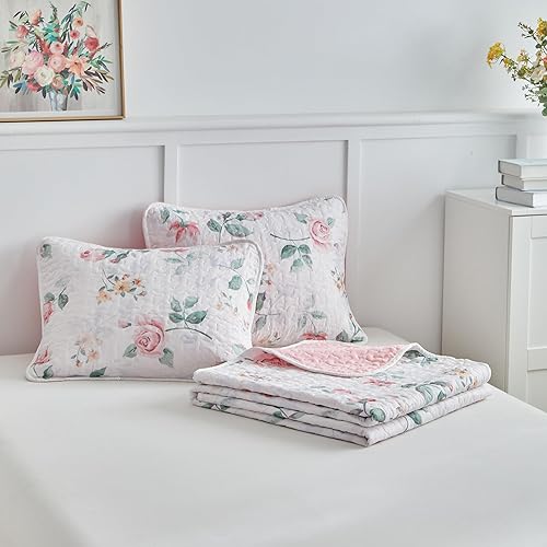 Vista 8 de Juego de edredón floral tamaño Queen de 88 x 88 pulgadas con flores rosas y amarillas, de microfibra suave, ligera, reversible, juego de ropa
