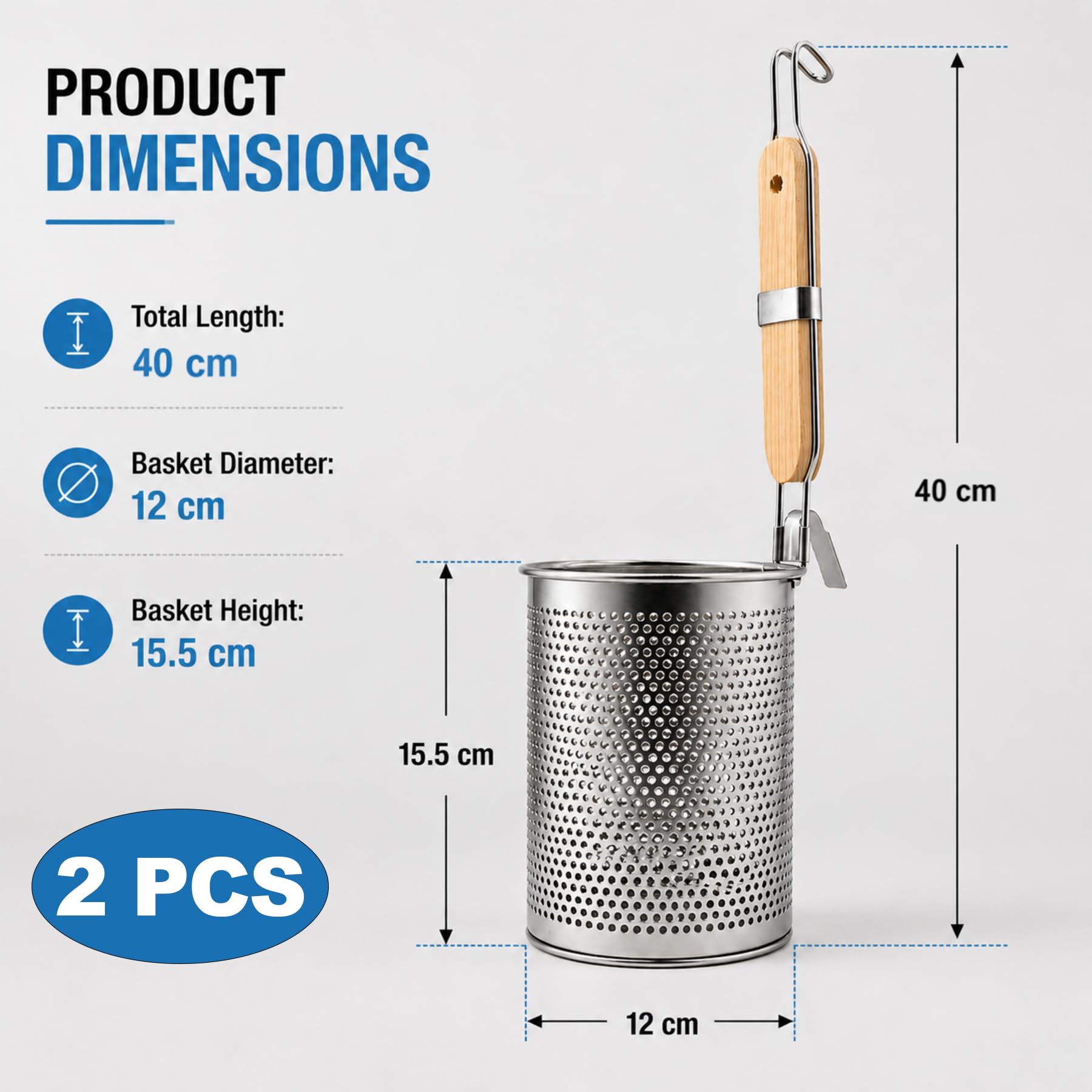 Colador de pasta de acero inoxidable, 2 piezas, cesta microperforada con mango de madera - Colado rápido, colgado en olla, para espaguetis, verduras, albóndigas y vapor