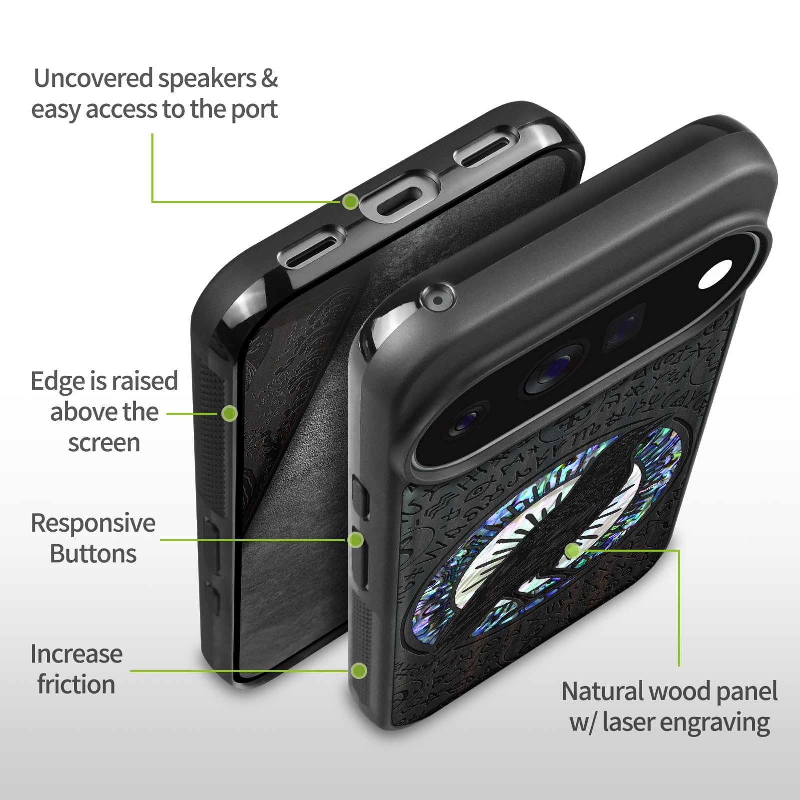 Carveit Madera Funda para Google Pixel 11 Pro (Oscura-Brujería de Cuervo) | Compatible con MagSafe [Grabado en madera e incrustación de mejillones] Magnética Cover para Pixel 11 Pro Carcasa