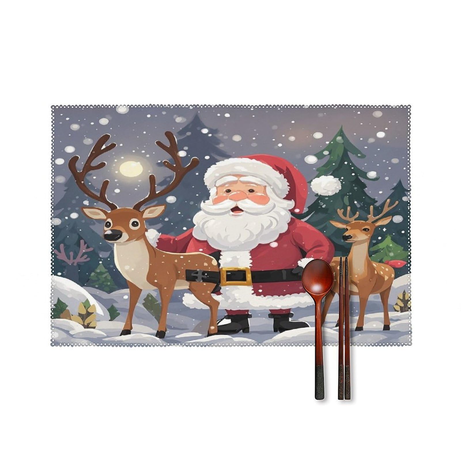 Santa Claus and Deer Elk Placemats Set of 6 Canvas Place Mats for Dining Table Square Non-Slip Table Mats Heat Resistant Washable Placemat for Kitchen Home Decor 12" X 18"