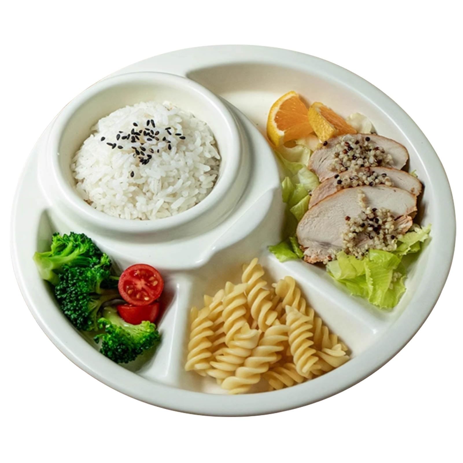 Hamankim Compartment Divided Plate with 4 Sections Ceramic Dinner Platter 8 Inch for Kitchen Every Day Use, Healthy Eating Bariatric Diet Plate, 1 Piece(White)