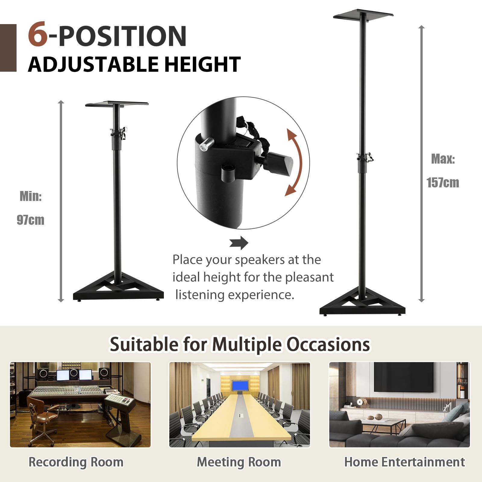 KOMFOTTEU Lot de 2 Supports d'Enceintes, réglables en Hauteur de 97 à 157 cm, Pieds d'Enceintes en Fer, Charge de 50KG par Unité, Construction à Trépied, Pieds réglables, Noir
