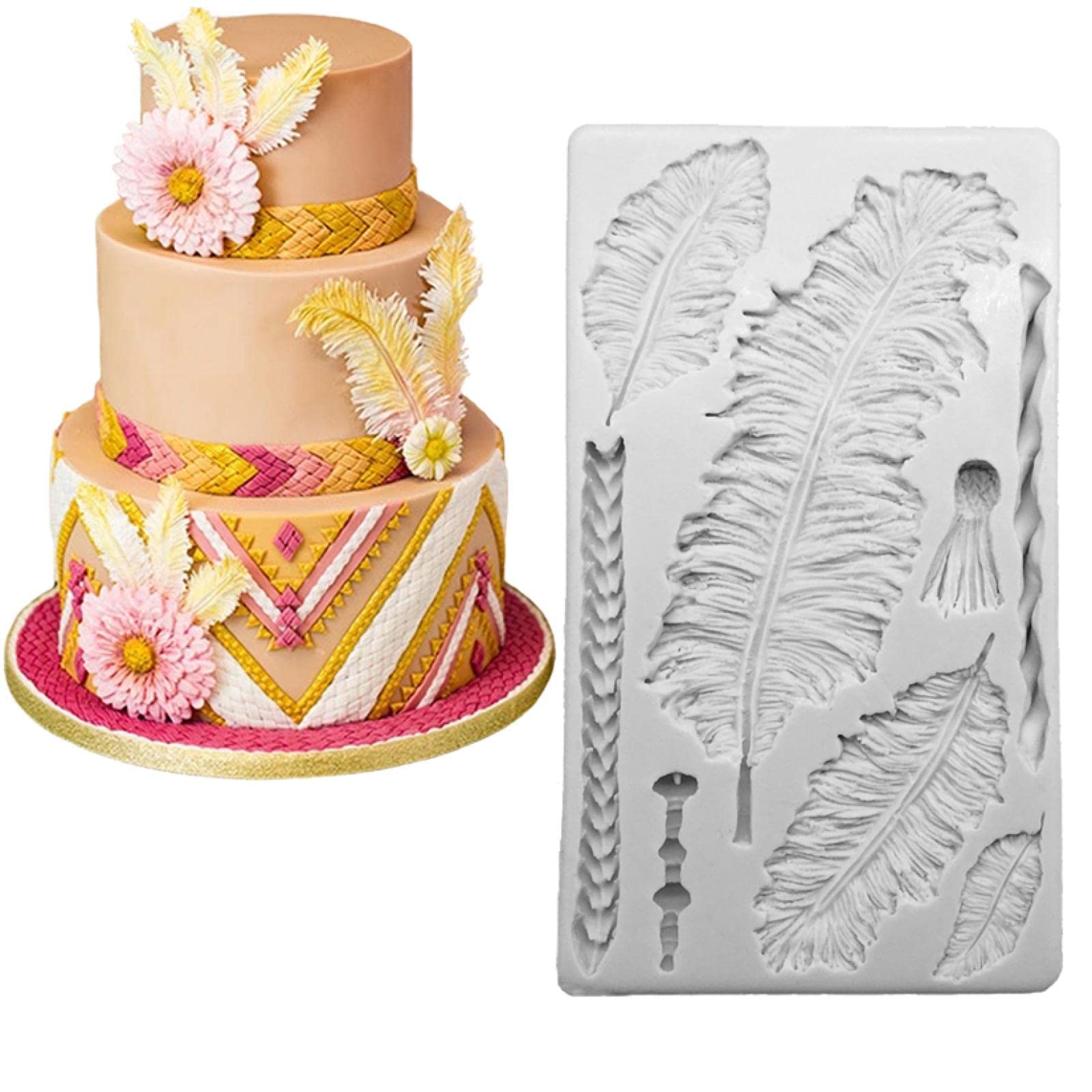 Molde de silicona para fondant, 20,2 x 11,6 cm, diseño de plumas grandes, molde de silicona para fondant, herramientas de decoración de pasteles, molde de chocolate