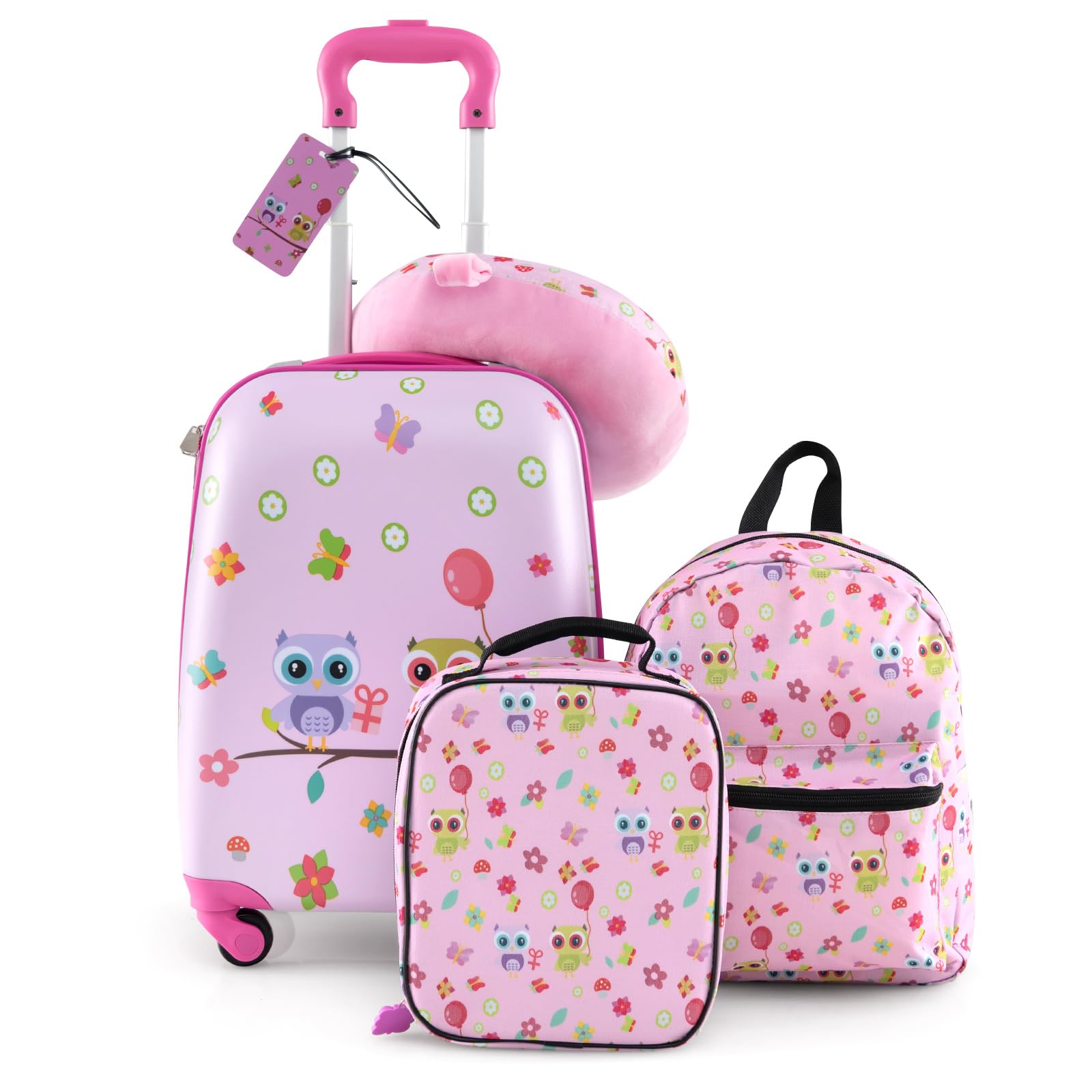 Kids Luggage, 5 Pieces Luggage Set w/ 16" Carry-on Hardshell Spinner Toddler Suitcase, 13" Backpack, Neck Pillow & Insulated Lunch Bag, Travel Kids Rolling Suitcase for Girls Boys, Pink Owl,