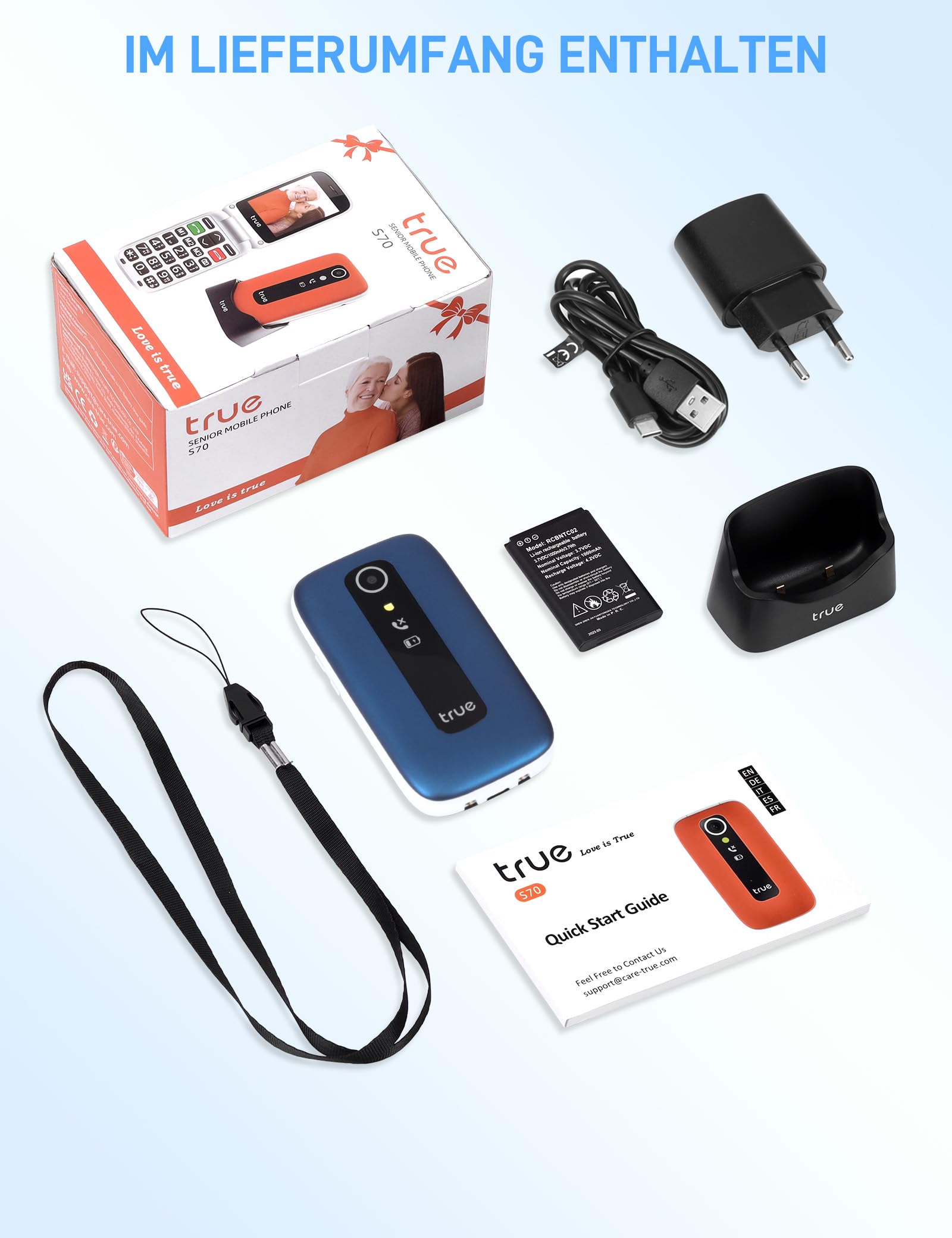 TRUE S70 Seniorenhandy Klapphandy ohne Vertrag, 2G Handy mit großem 2,8 Zoll Farbdisplay, Sturz-Notruf, SOS Notruftaste, extra laut, großen Tasten, Schnellwahl, Schrittzähler, Ladestation, Blau