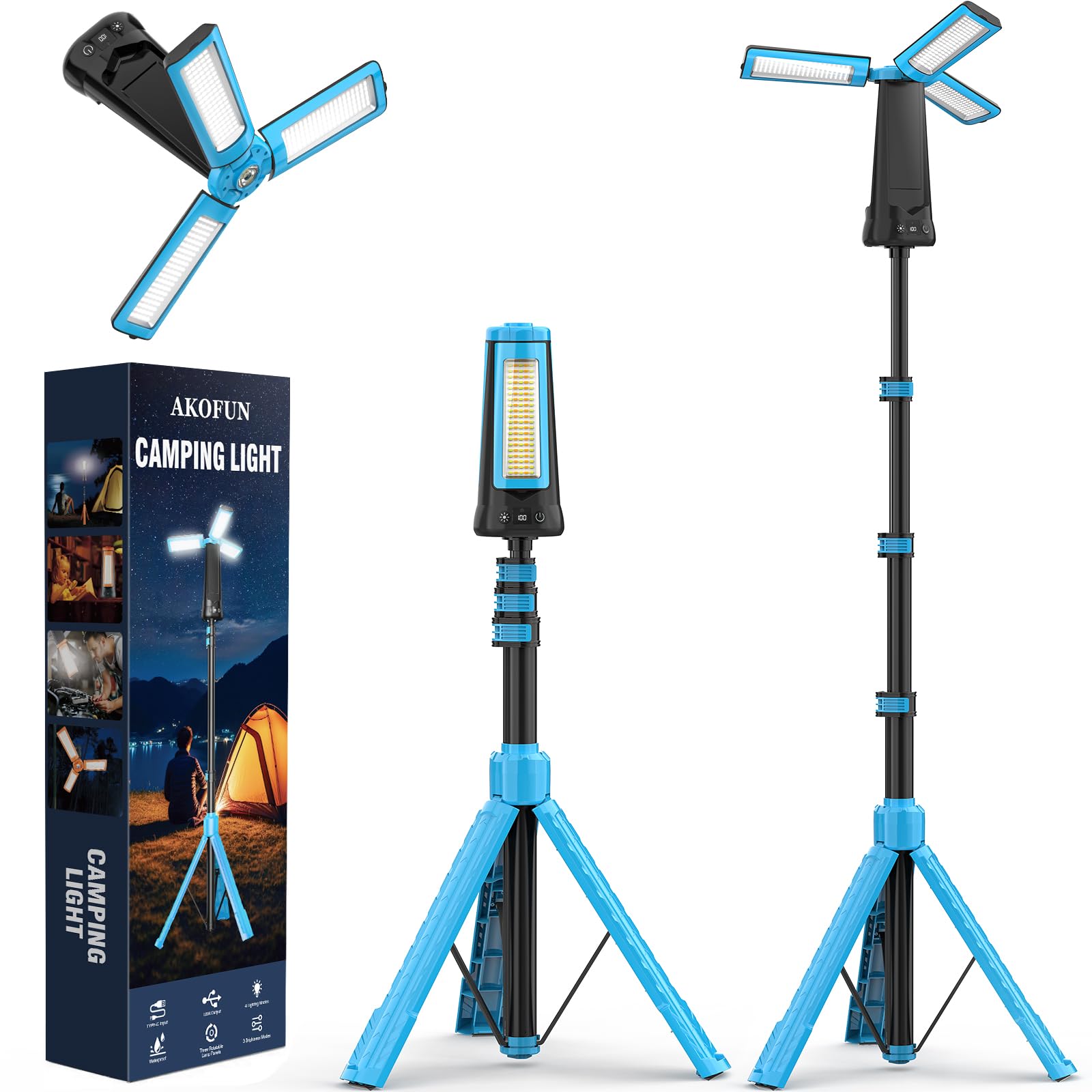 Luce di campeggio ricaricabile 15000mAh con il supporto, luce senza cordone del lavoro, blu | Lanterna da campeggio con 3 teste di lampada a LED, 5500 lumen, torcia di emergenza con treppiede staccabile da 218,4 cm
