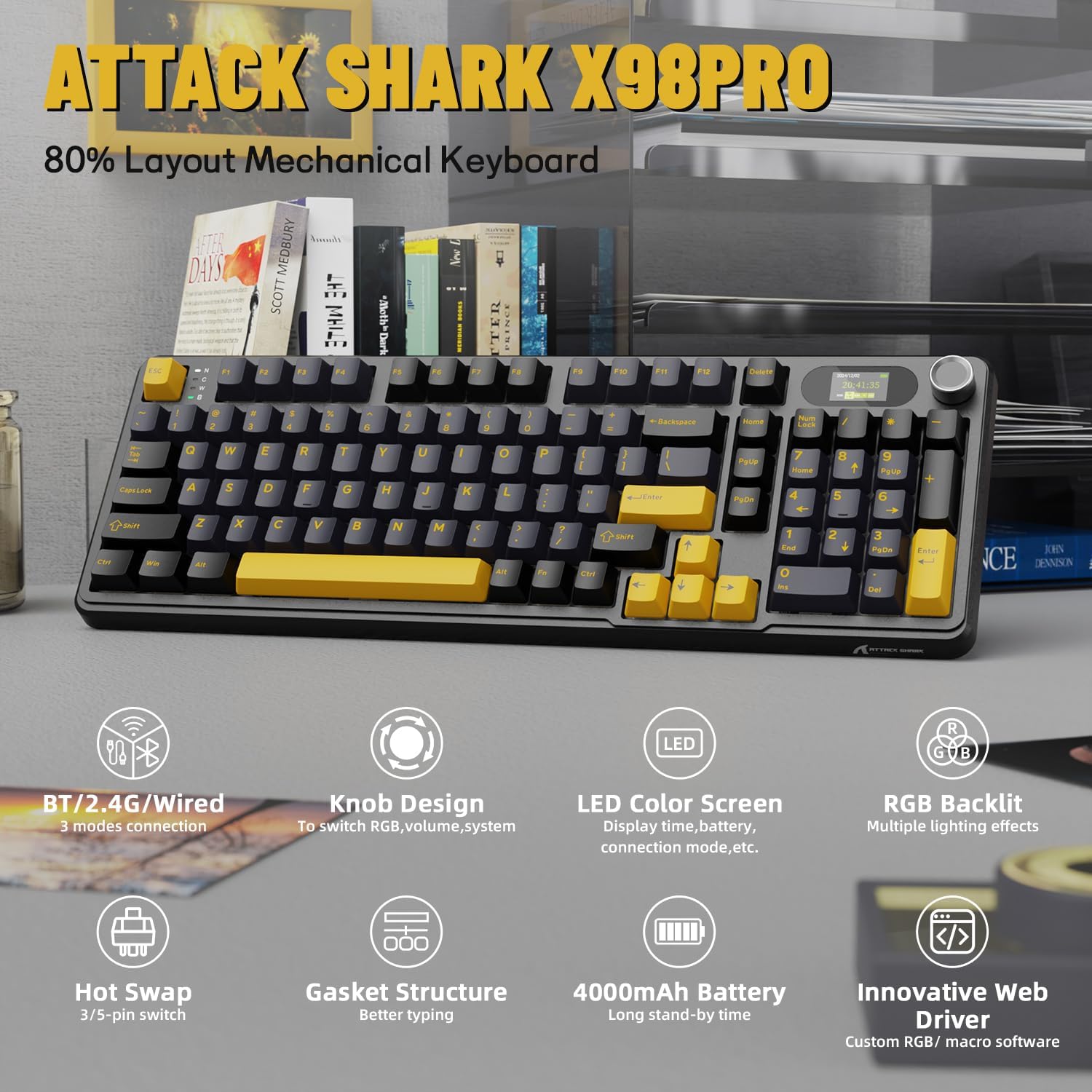 Diagram highlighting key features of the ATTACK SHARK X98PRO keyboard including connectivity modes, knob design, LED screen, RGB, hot-swap, gasket structure, battery, and web chofè.