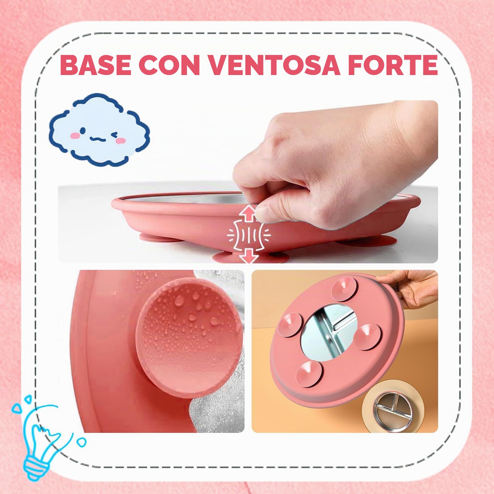 Set Piatto Svezzamento con Ventosa – Piatto Bambini in Acciaio Inox 304 e Silicone, Posate per Autoalimentazione BLW, Lavabile in Lavastoviglie, Antiscivolo, Senza BPA, Dai 6 Mesi
