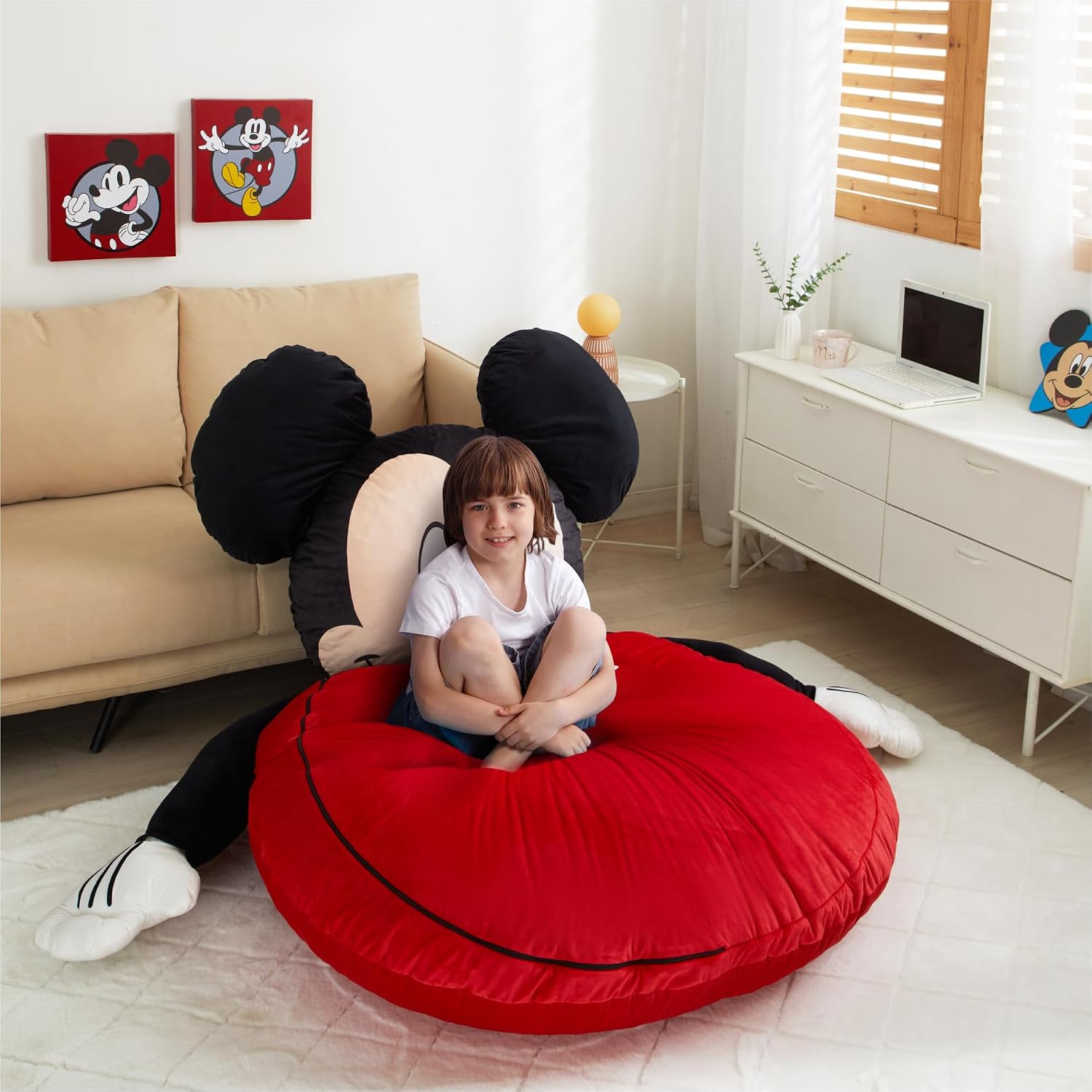 Disney Mickey Mouse Kids Oversized Floor Lounger,Soft Plush Chair with Pillow & Cushion, Comfortable Portable Nap & Play Mat for Boys & Girls
