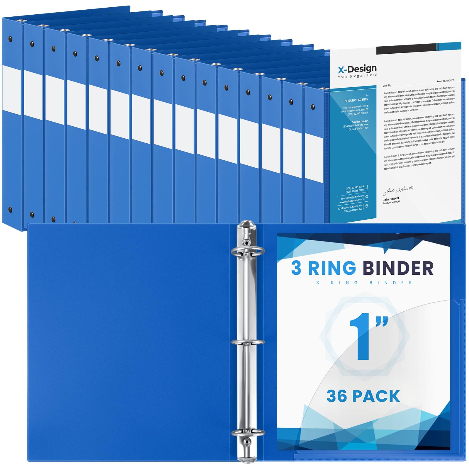 Henoyso 36 Pack 1 Inch 3 Ring Binder with Clear Cover Fit Letter Size 8.5" x 11" Paper Holds 240 Sheets, Bulk Binders for Organizing School, Office & Classroom Documents, 1 Pocket (Blue)