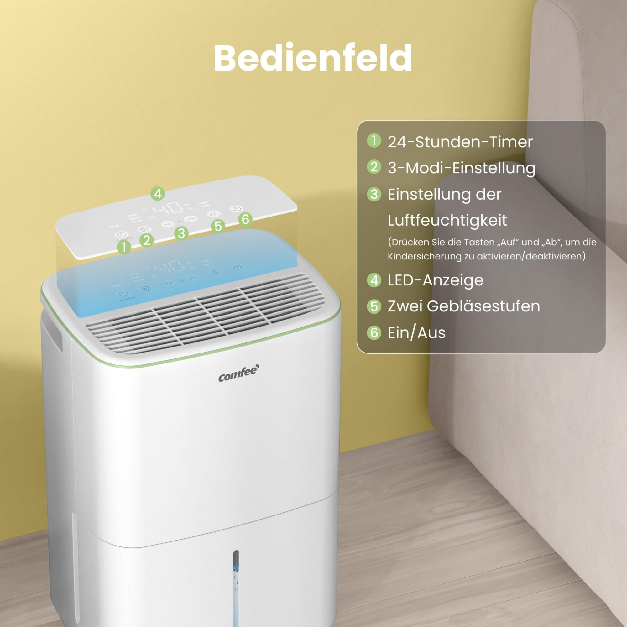 COMFEE Luftentfeuchter 12 Liter/Tag, für Räume bis 50 m³, Automatische Abtauung, Kindersicherung, R290