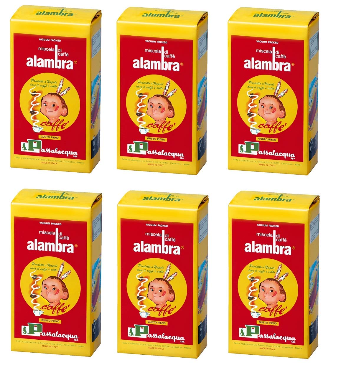 6 x Passalacqua Alambra 250 g italienischer Espresso-Kaffee gemahlen für alle Kaffeemaschinen