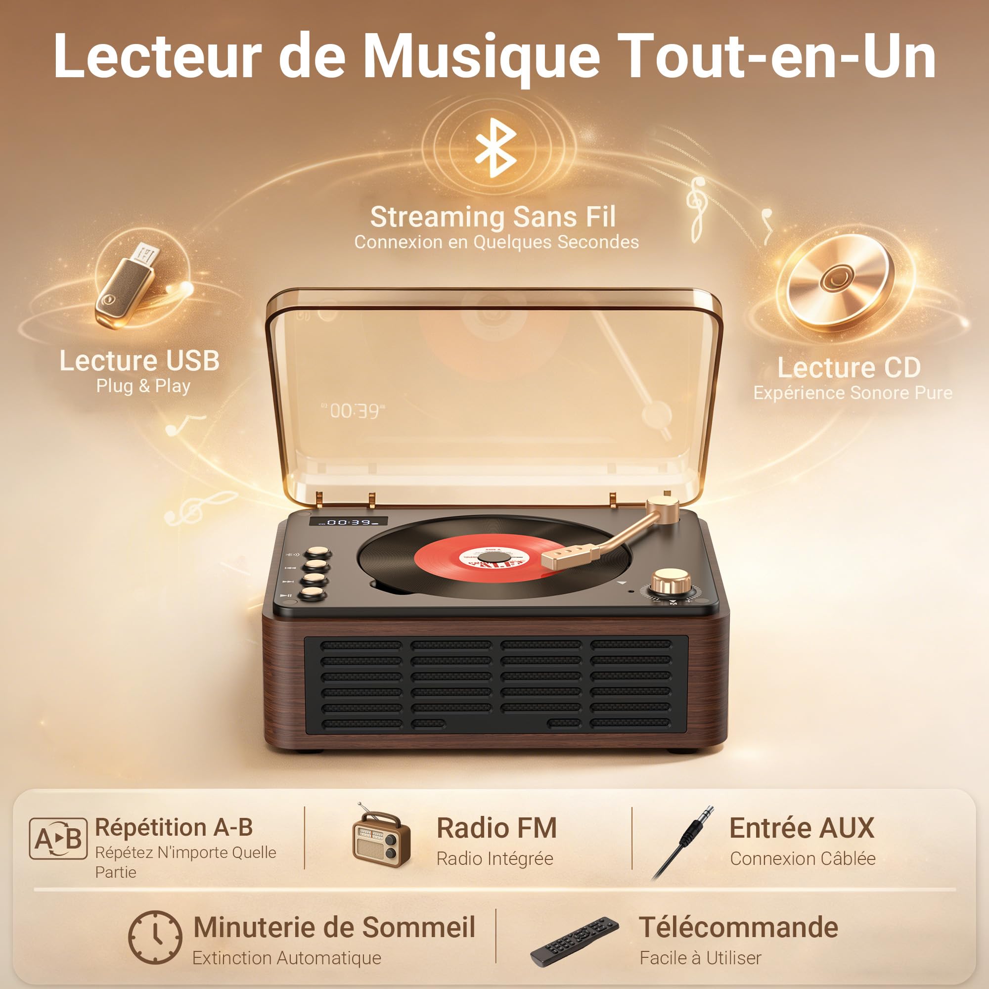 POFOTO Lecteur CD Portable Multifonction, Enceinte Bluetooth Rétro, Batterie Rechargeable 3600mAh, avec Radio FM/Preset EQ/USB/AUX, Écran LCD, Double Haut-Parleur, Télécommande – Maison ou Cadeau