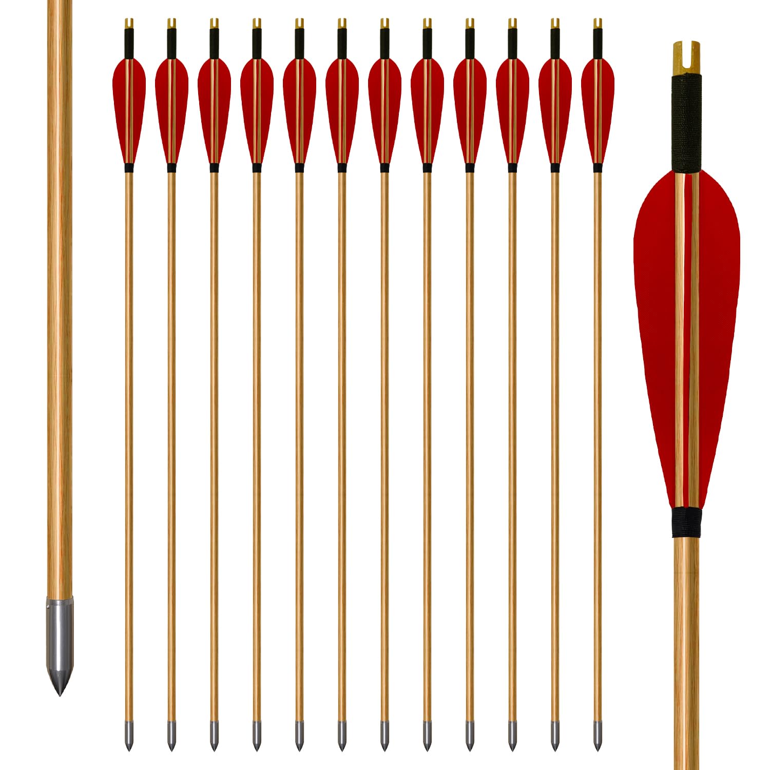 biubiusot 32 Inch Wooden Arrows Archery Traditional 12Pcs Turkey Feather Fletched Handmade Hunting Practice Targeting for Longbow Recurve Bow Traditional Horsebow (red-A)