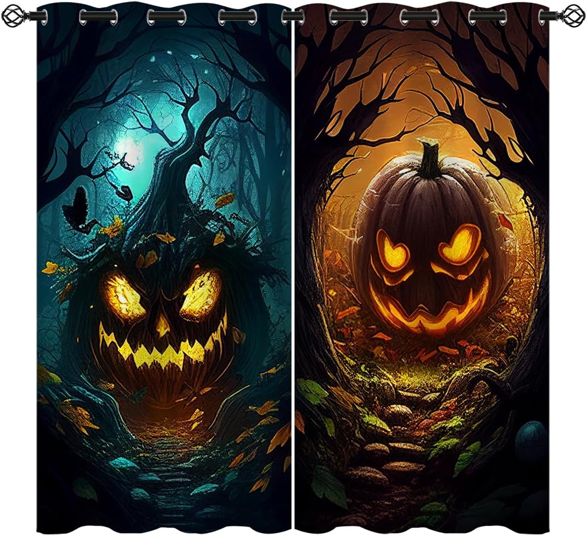 Halloween Pumpkin Blackout Curtains for Girls Boy Home Decor, Horror Black Spooky Forest Grommet Thermal Insulated Drapes Darkening Window Curtain for Bedroom Living Room, 42 x 63 Inch