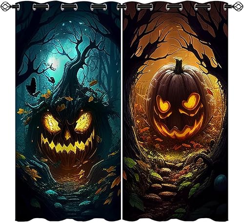 Cortinas opacas de calabaza de Halloween para niñas y niños, decoración del hogar, diseño de bosque espeluznante negro de terror, cortinas con