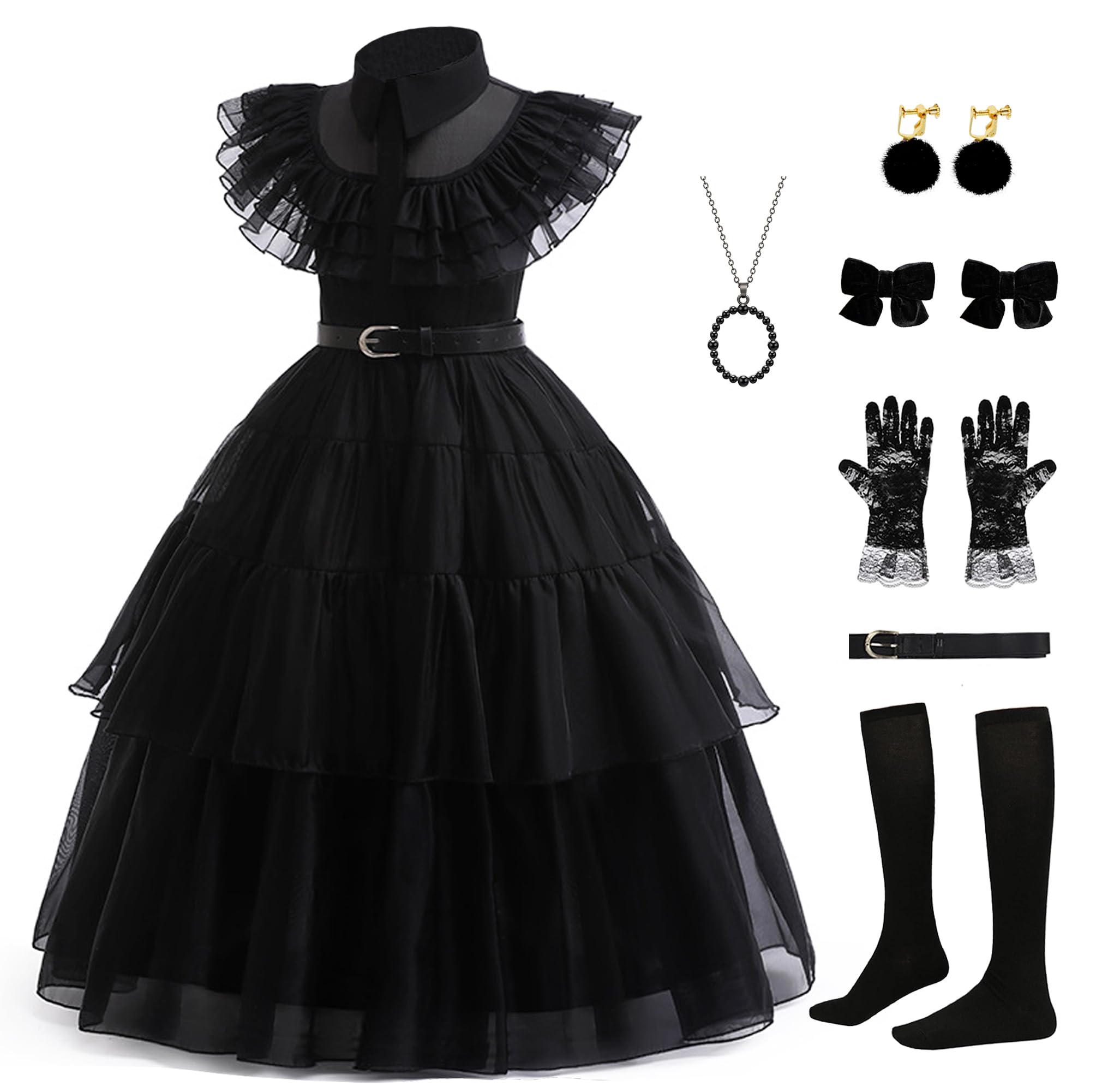 Gunaniti Black Dress Up Costume for Girls Birthday Party Halloween Cosplay Outfit with Accessories 3-12Y