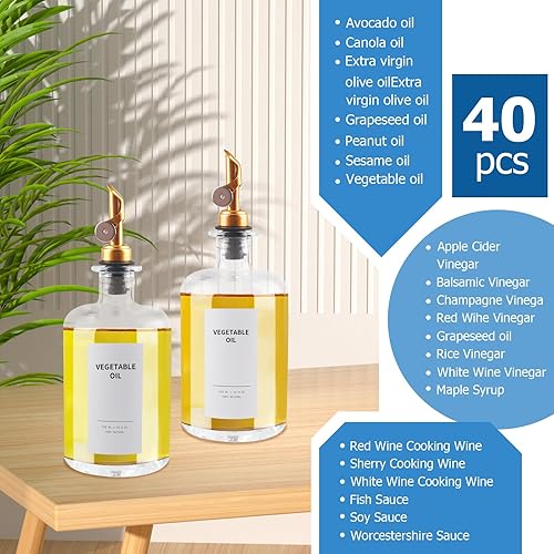 Miniatura 7 de Juego de regalo dispensador de aceite y vinagre, 2 elegantes botellas de vidrio de 16.9 onzas, 2 vertedores dorados, embudo para llenar fácilmente