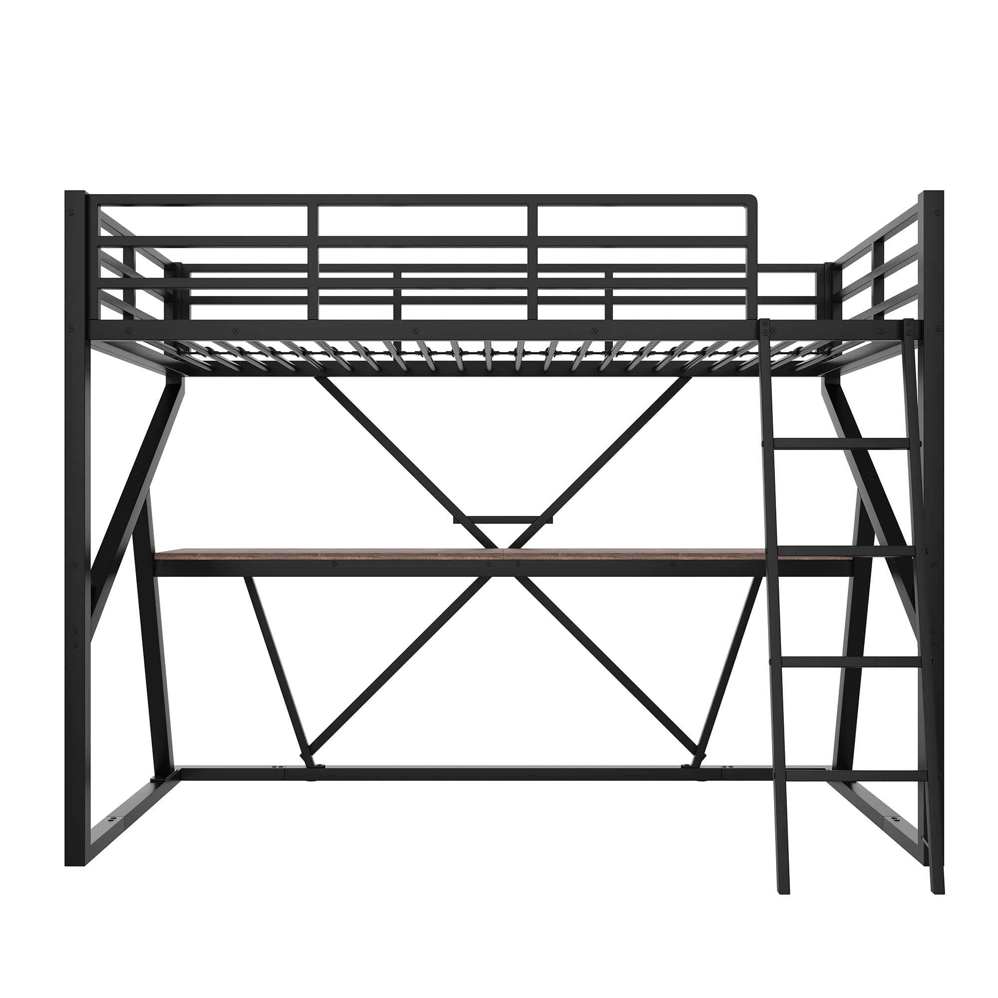 Moimhear Letto a soppalco 90 x 200 cm, telaio in ferro, striscia LED, ringhiera, scale, scrivania, senza materasso (nero)
