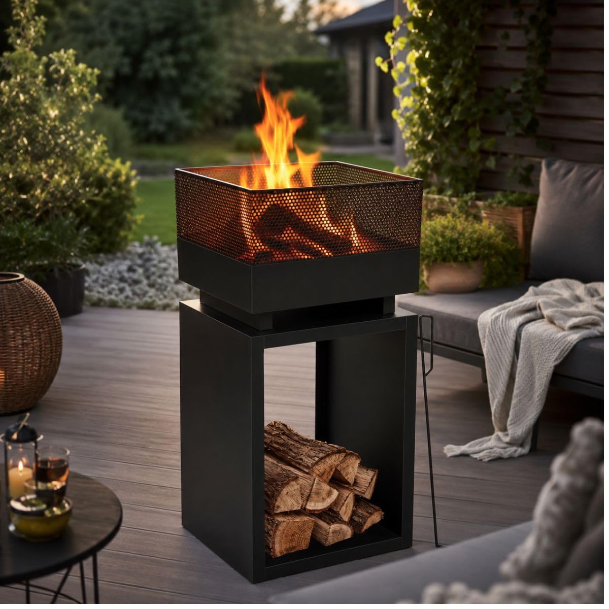 BBQ Collection Brasero Exterieus avec Pare-Étincelles - Cheminée de Jardin 39 x 39 x 85 cm - Cheminée Decoration Jardin Exterieur et Rangement du Bois de Chauffage - Acier au Carbone