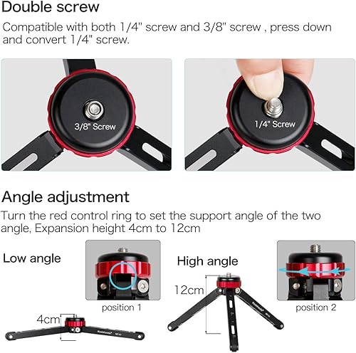 Miniatura 3 de Koolehaoda Mini trípode portátil de escritorio trípode de mesa CNC aleación de aluminio con montaje de tornillo de 1/4 y 3/8 para cámaras