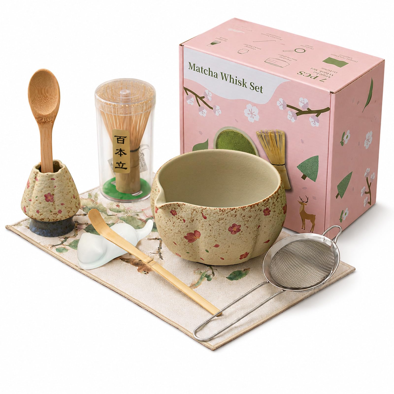 Matcha Set 8 Stück, Handbemaltes Kirschblüten-Motiv, mit Naturbambus Matcha Besen, Besenhalter, Keramik Matcha Schale, 2 Löffel, Löffelhalter, Sieb&Teetuch–hochwertiges Macha Tea Set (Rose)