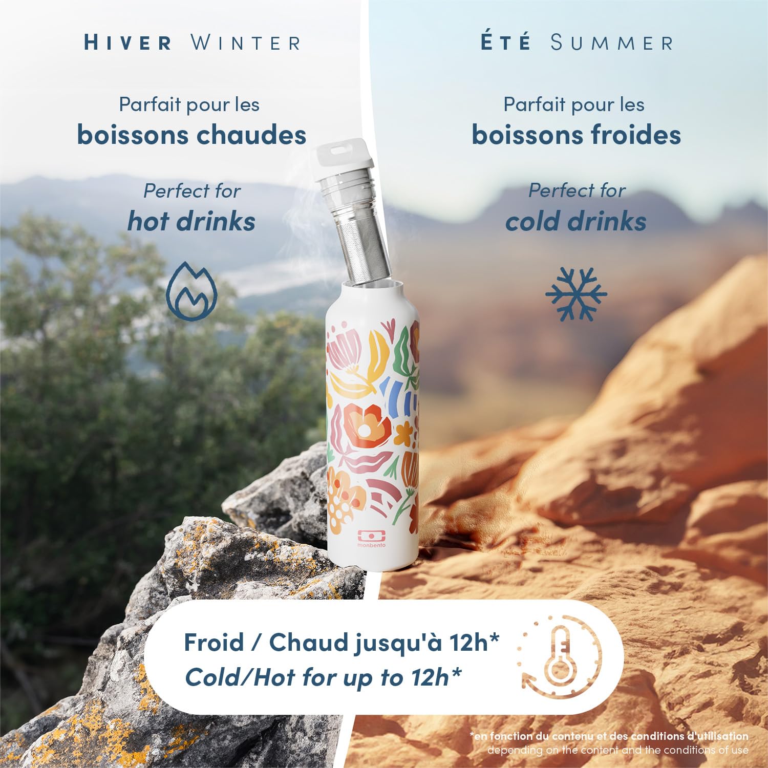 monbento - Bouteille isotherme Steel graphic Papercut - Gourde Isotherme Inox 500ml avec Infuseur Thé/Fruit - Garde Boissons Chaudes/Froides - Bouteille Inox Idéale Bureau/Pique-nique/Sport - Fleurs