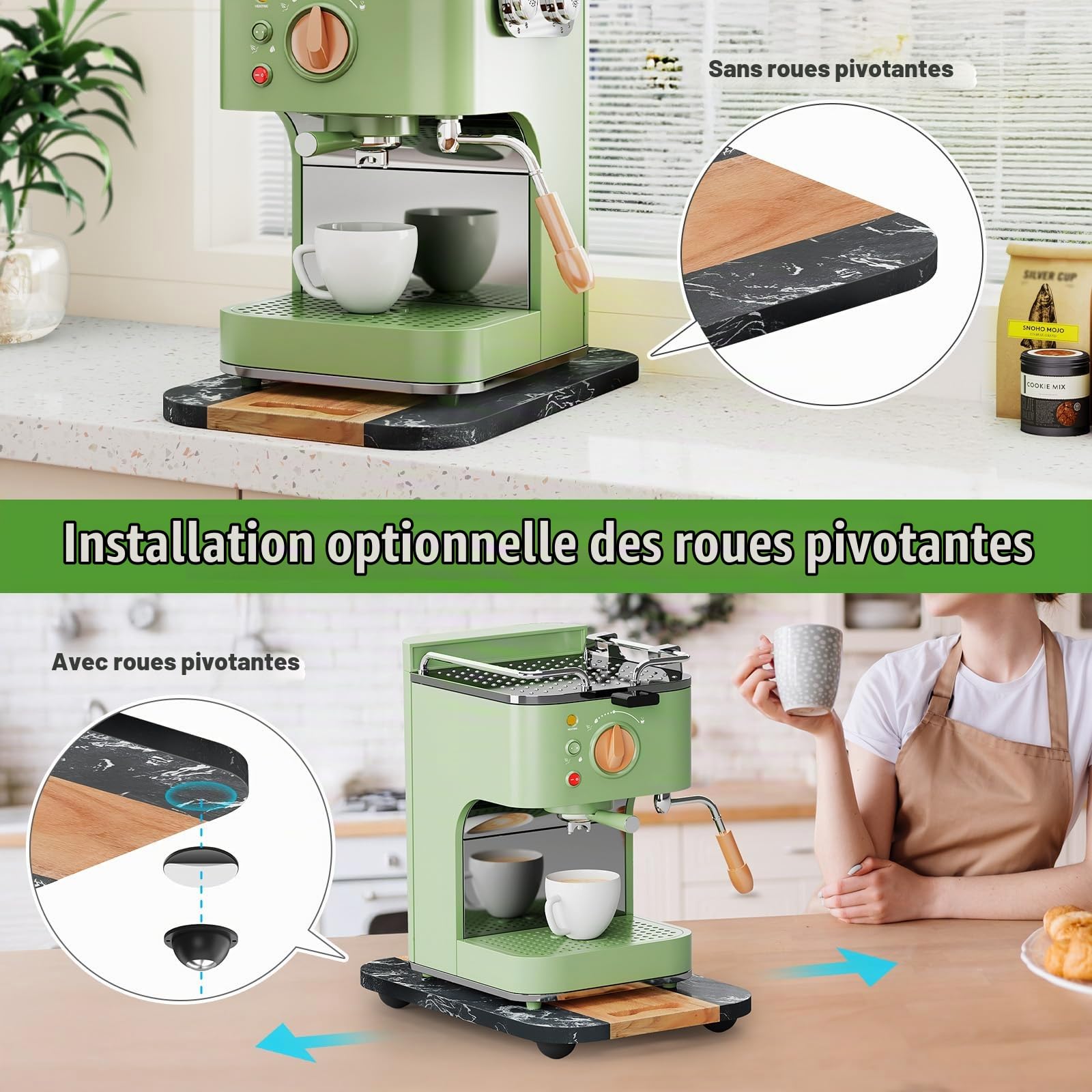 NiHome Plateau coulissant pour cafetière, mixeur, friteuse à air, grille-pain - 36 x 24 cm - Bois d'acacia et marbre - Rouleaux silencieux - Plateau de comptoir anti-rayures (noir)