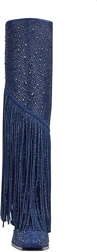 Miniatura 3 de CKSNDLF Botas con borlas y diamantes de imitación para mujer, punta cuadrada, tacón grueso, botas altas hasta la rodilla