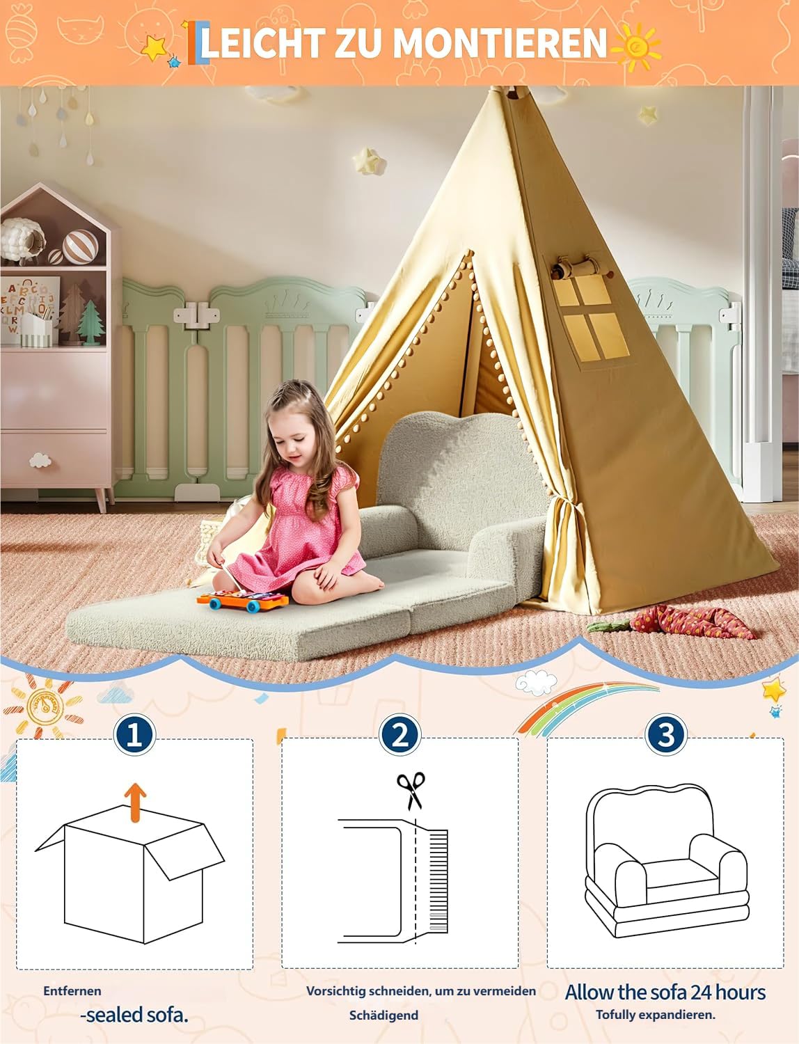 Garvee Kindersofa Ausklappbar 2-in-1 Kindersessel, Soft Sherpa Spielsofa für Kleinkinder, Weißes Wellendesign, Bequemes Sofa zum Schlafen und Spielen, Kinderzimmer Möbel, rutschfest