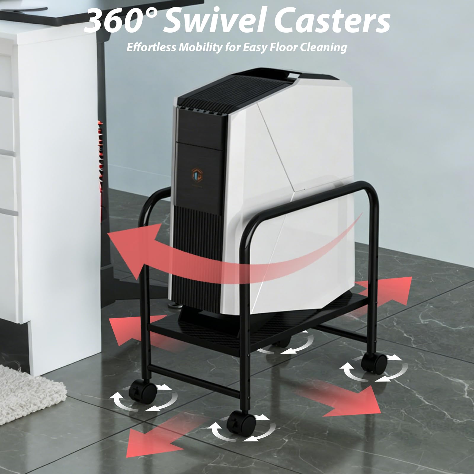 Verstellbarer PC Ständer mit Rollen, Höhenverstellbarer PC Tower Ständer für unter den Schreibtisch, PC Rollwagen mit 360° Lenkrollen, Passend für die meisten Mid-Tower, Max. Belastung 28 kg