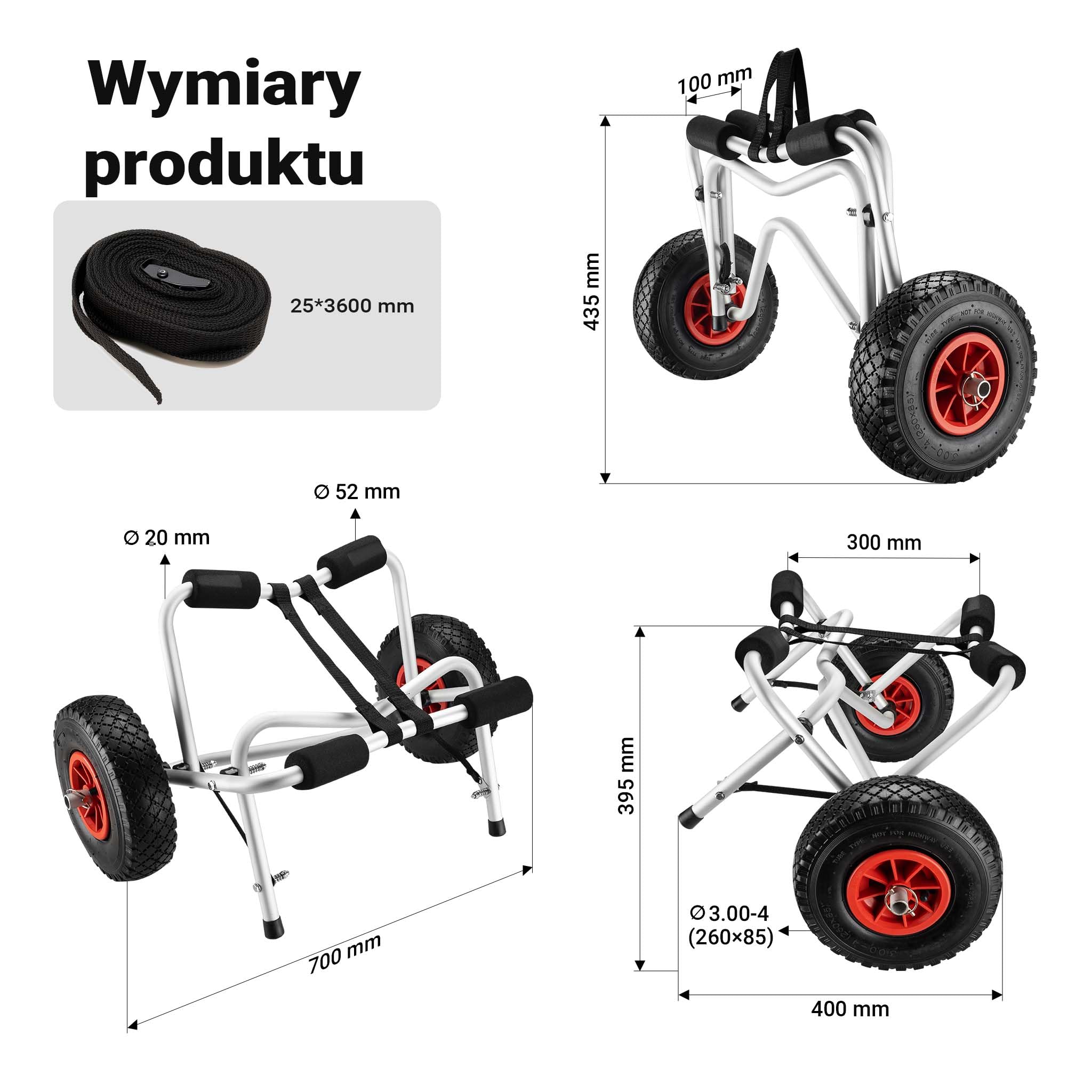 Składany aluminiowy wózek kajakowy Wiltec do 68 kg, wózek transportowy do łodzi, kajaków i kanoe, wózek surfingowy z poduszkami i paskami