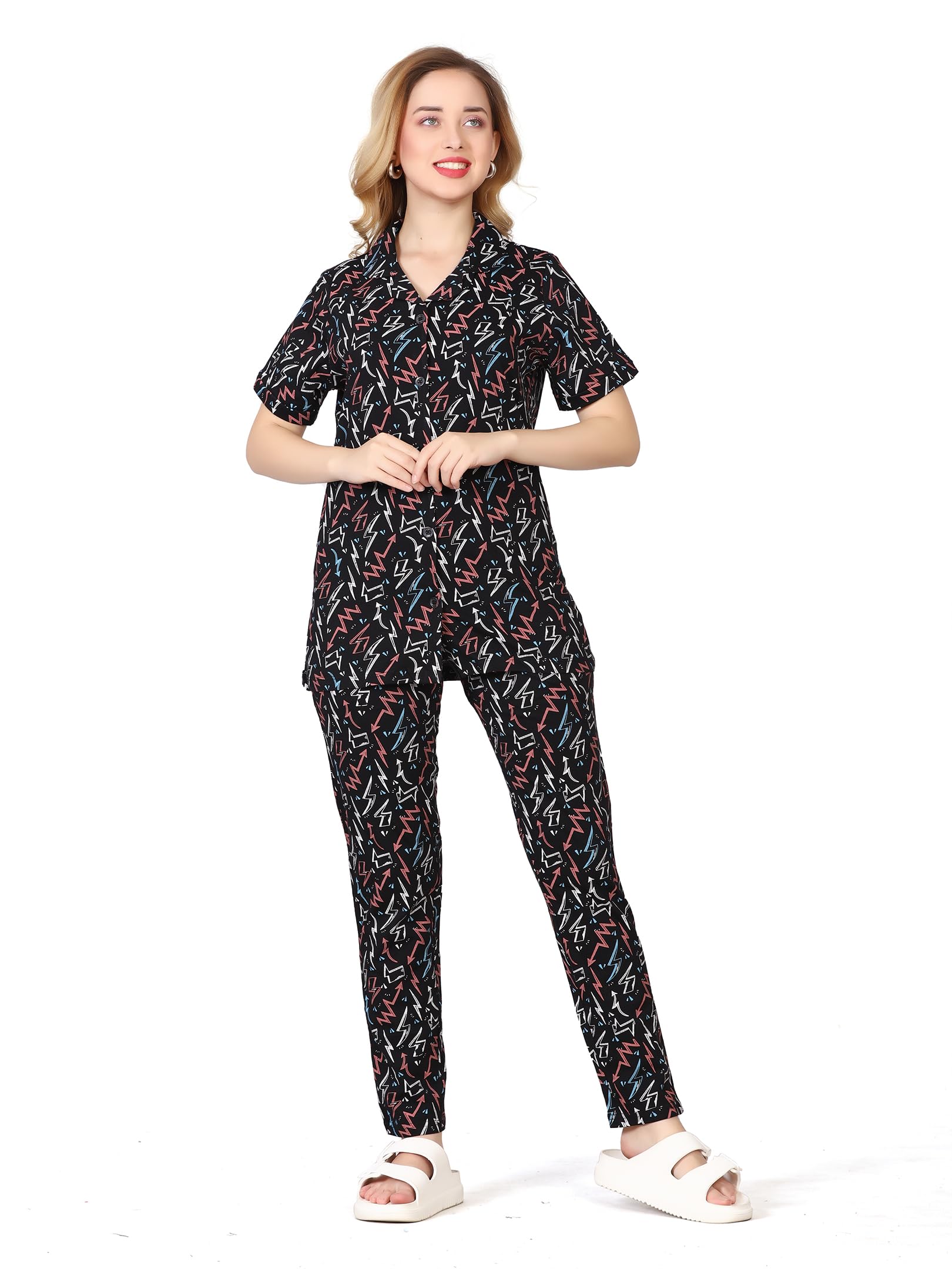 tittli Printed Knitted Pure Cotton Nightsuit, Soft Breathable Fabric, Relaxed Fit with Collared Short-Sleeve Shirt, Button Front & Drawstring Pyjama with Pockets, Airforce, M L XL XXL-picture-41