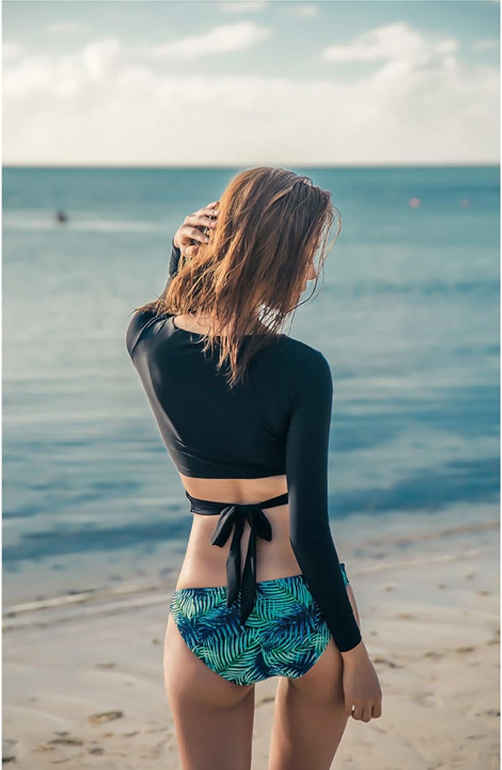 Women Two Piece Swimsuits Surfing Rash Guard Long Sleeve Padded Crop Top Swimwear - Image 3