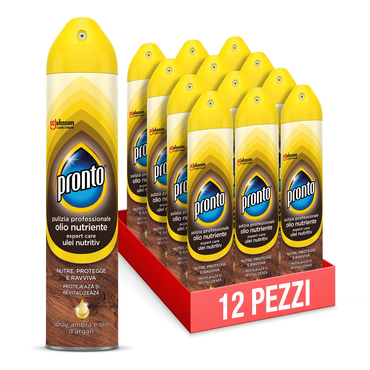 Pronto Spray Olio Nutriente - Nutre, protegge e ravviva le superfici, Fragranza Ambra e Olio D'Argan, Formato Scorta da 12 Pezzi da 250ml