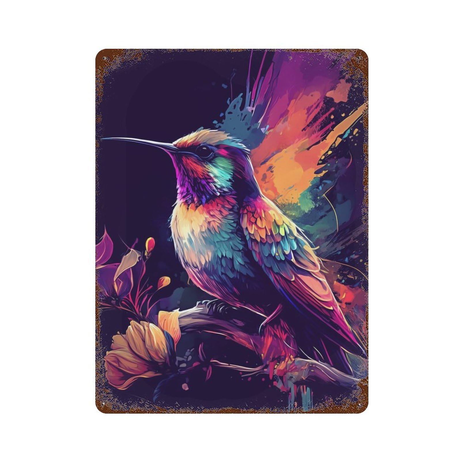 Vintage Rust Metal Sign Hummingbird in Neon Colors 15.7"x11.8", Shabby Chic Decor for Cafe, Home Bar And Lounge Decor