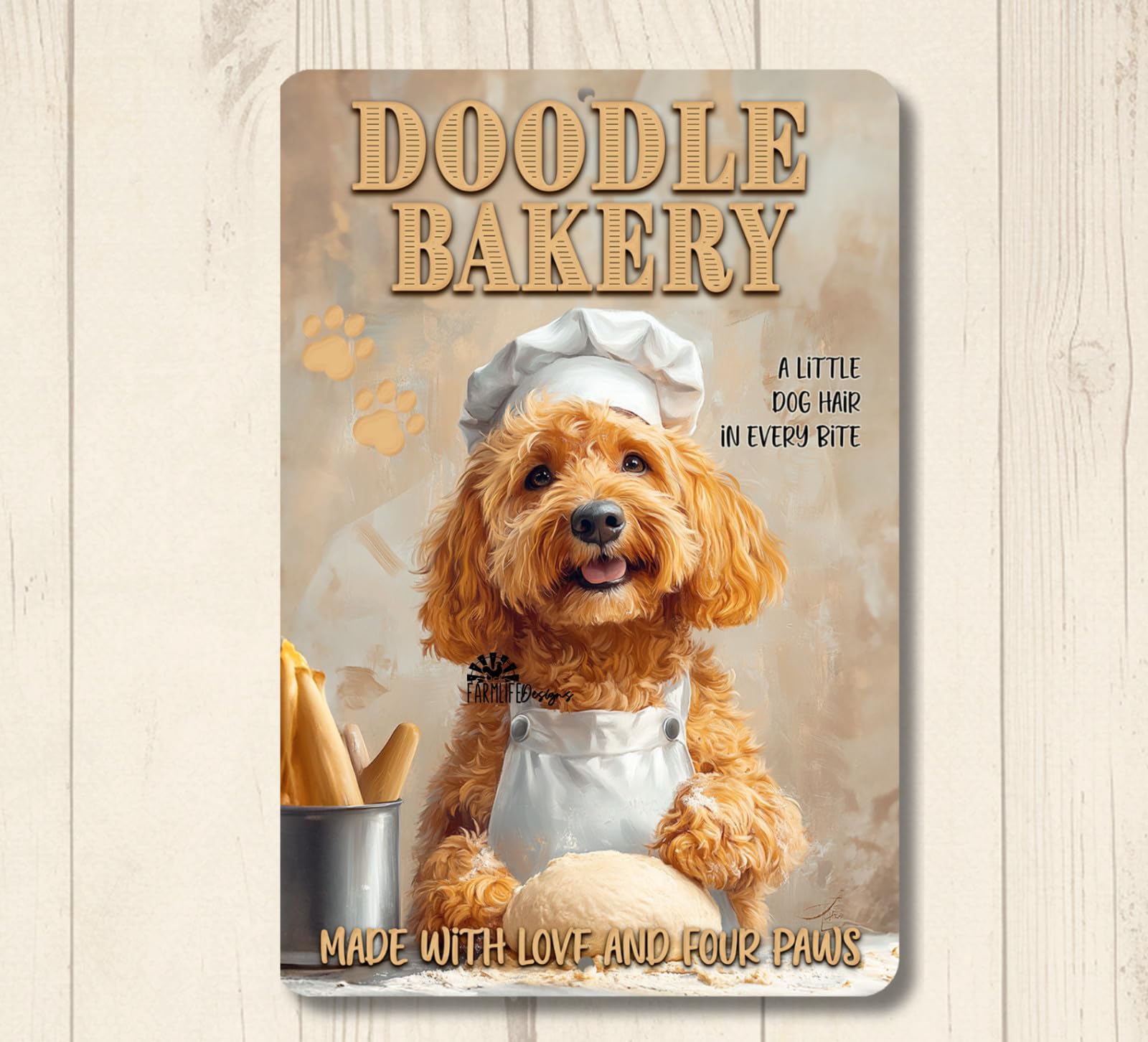 Doodle Bakery golden dog chef labradoodle funny metal tin wall art kitchen home decor