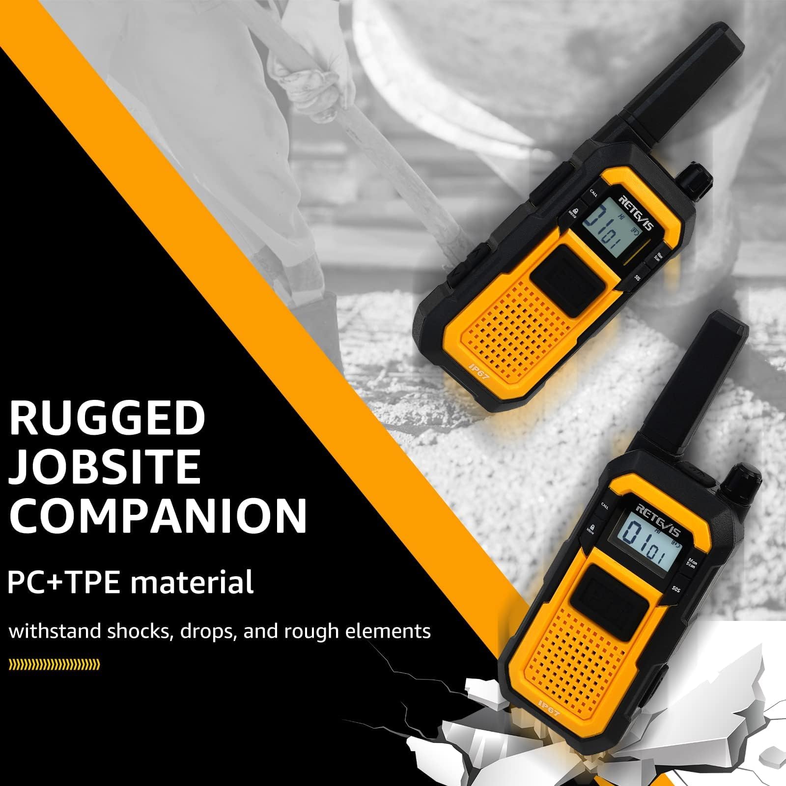 Retevis RB48 Heavy Duty Walkie Talkies Long Range,IP67 Waterproof 2 Way Radios, Shock-Resistant, 2000 mAh, USB-C, Emergency Alert,NOAA, MIL-STD-810H,Two Way Radio for Job Site (4 Pack) - 3