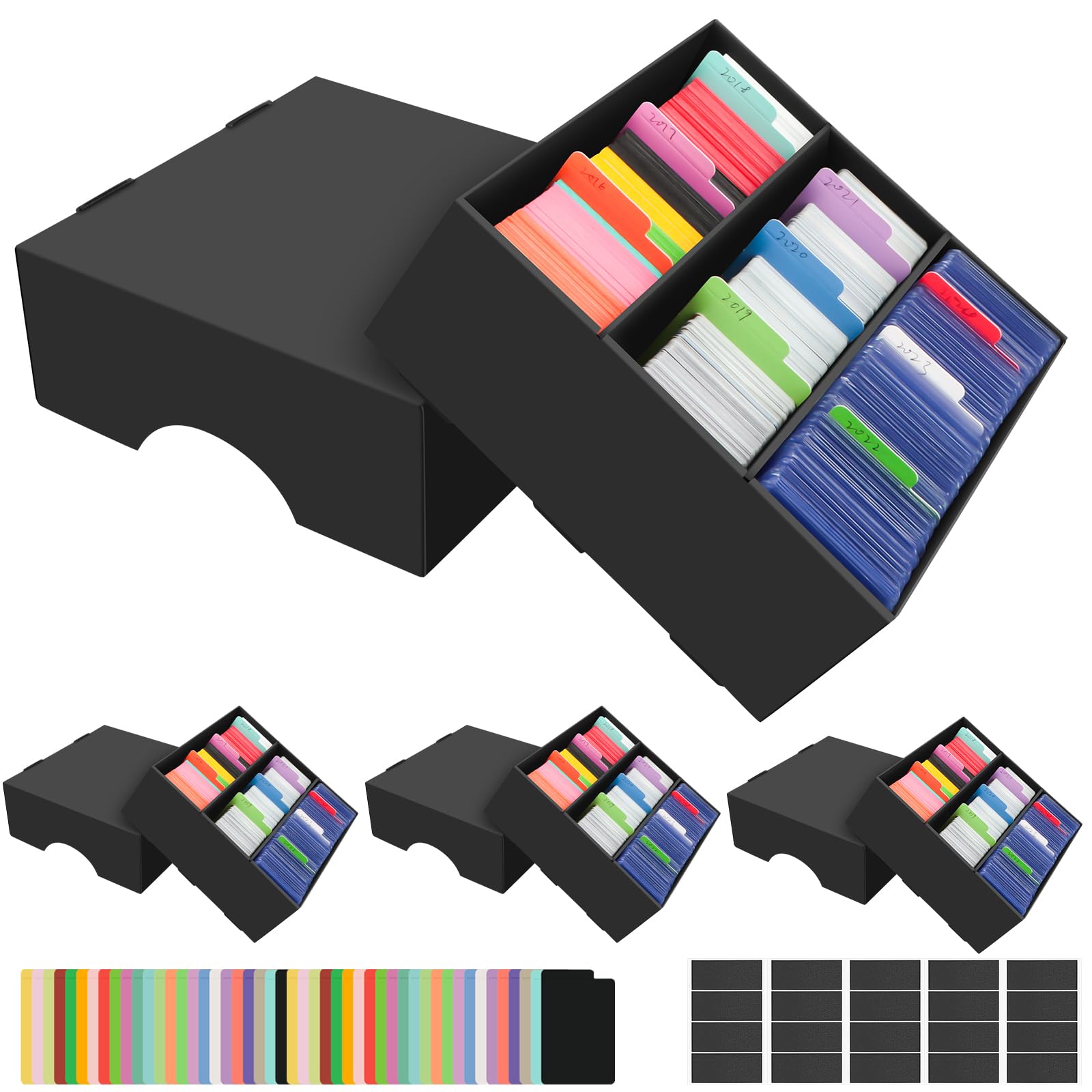 4 Stück Sammelkarten-Aufbewahrungsbox, 9360 Kartenaufbewahrung mit 48 bunten Trennblättern, Schwarzer Karton Storage Box, Kartensammelbox für TCG/Magic/MTG Aufbewahrun